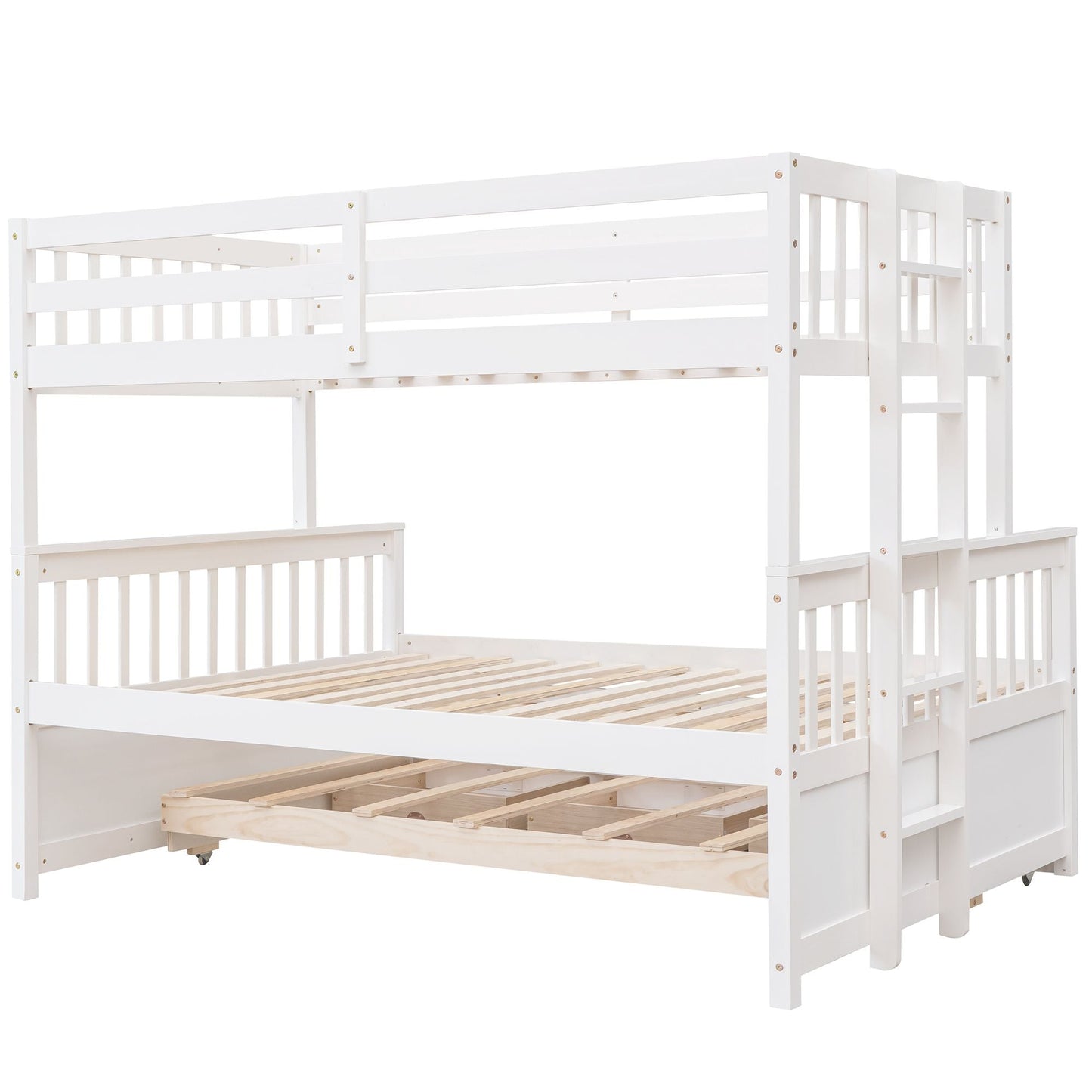 Shared Room Solution Twin Over Full Wood Bunk Bed with Twin Trundle and Drawers, White | Just Better Bunk Beds