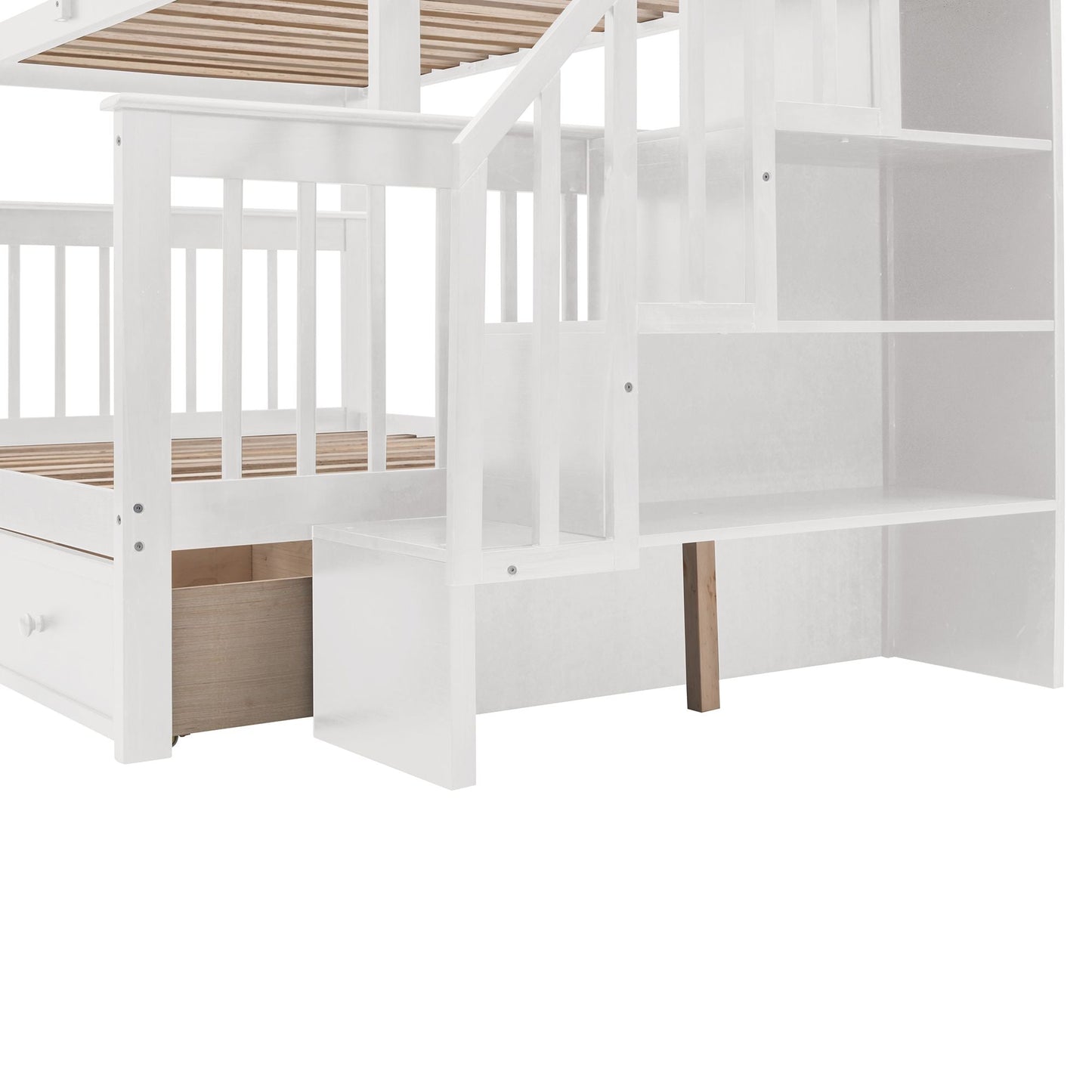 Staircase Storage Twin Over Full Wood Bunk Bed with Drawer and Guard Rail, Espresso, Gray, White | Just Better Bunk Beds