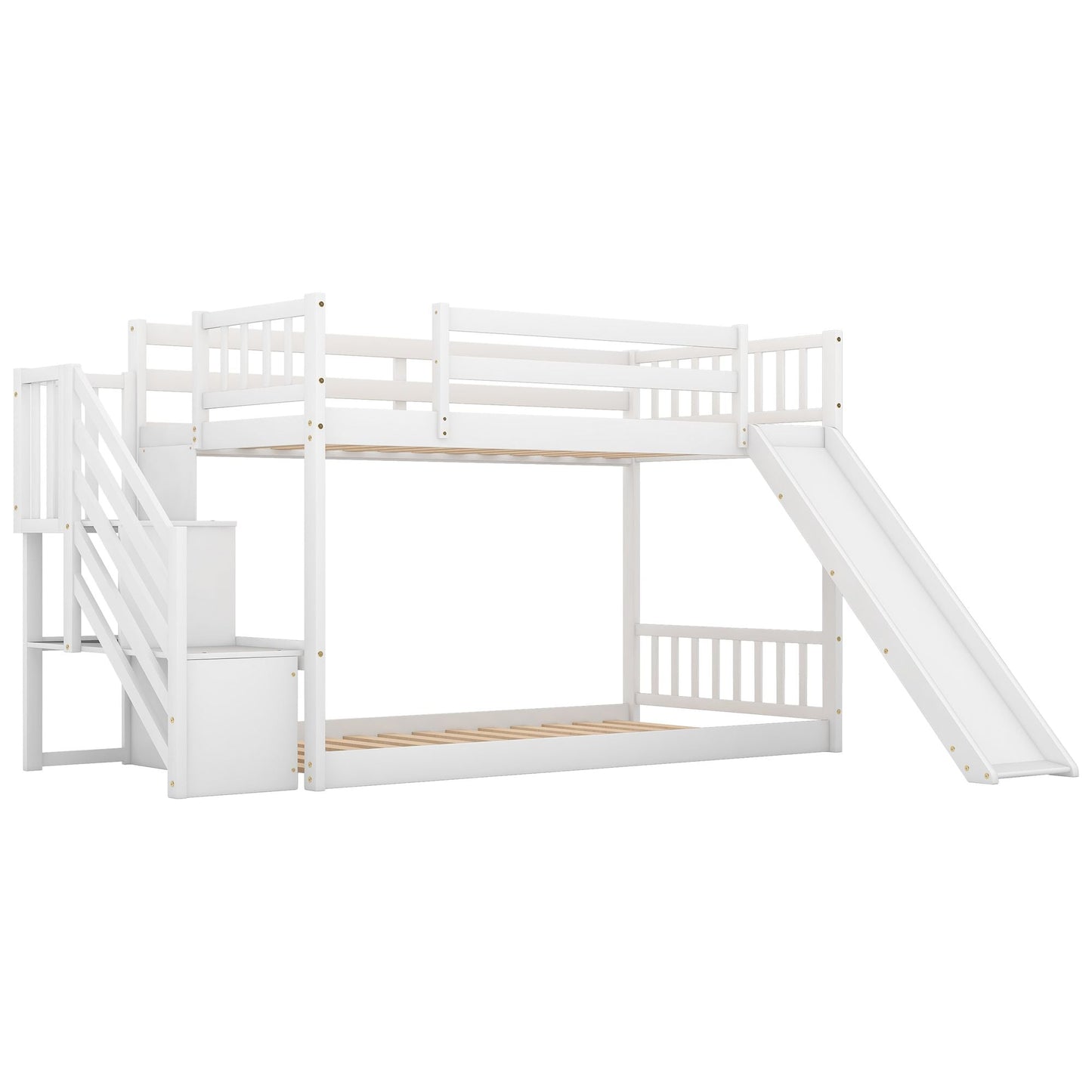 Convertible Twin Over Twin Wood Bunk Bed with Slide and Stairway, White | Just Better Bunk Beds