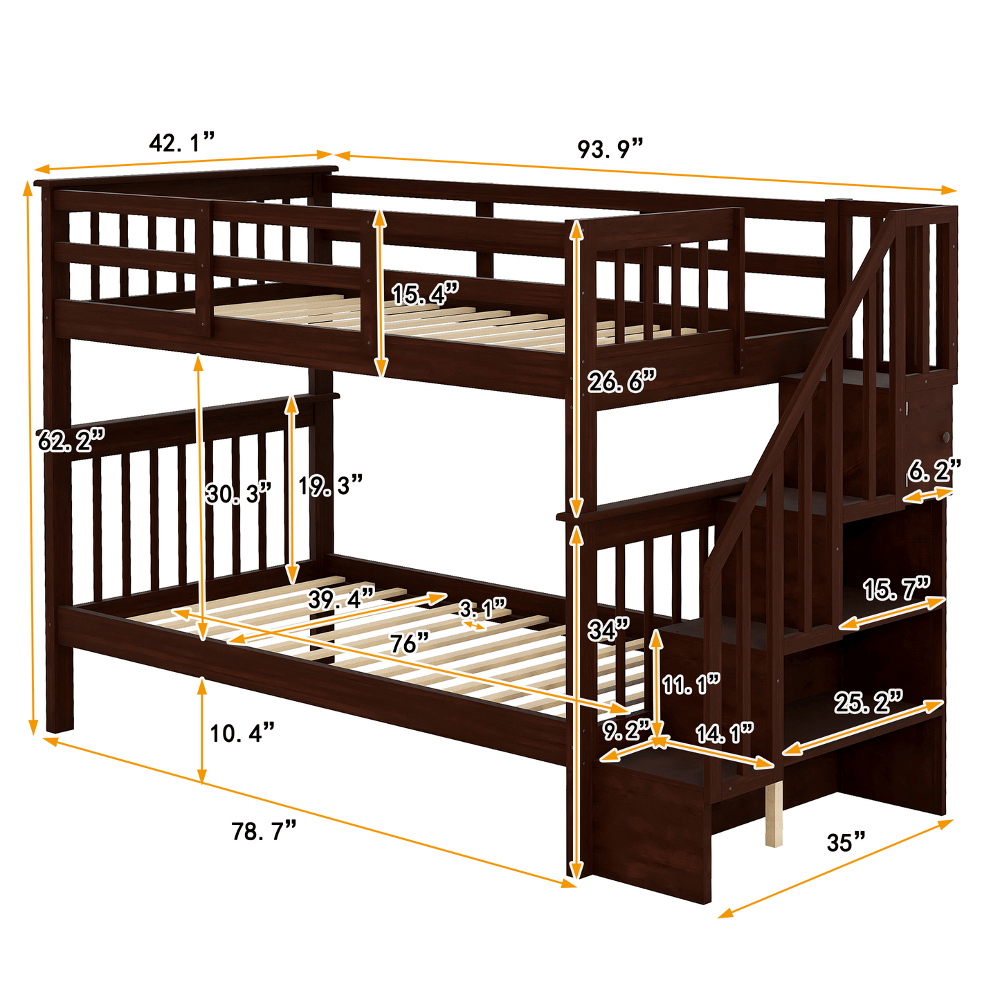 Staircase Storage Twin Over Twin Wood Bunk Bed, Espresso | Just Better Bunk Beds