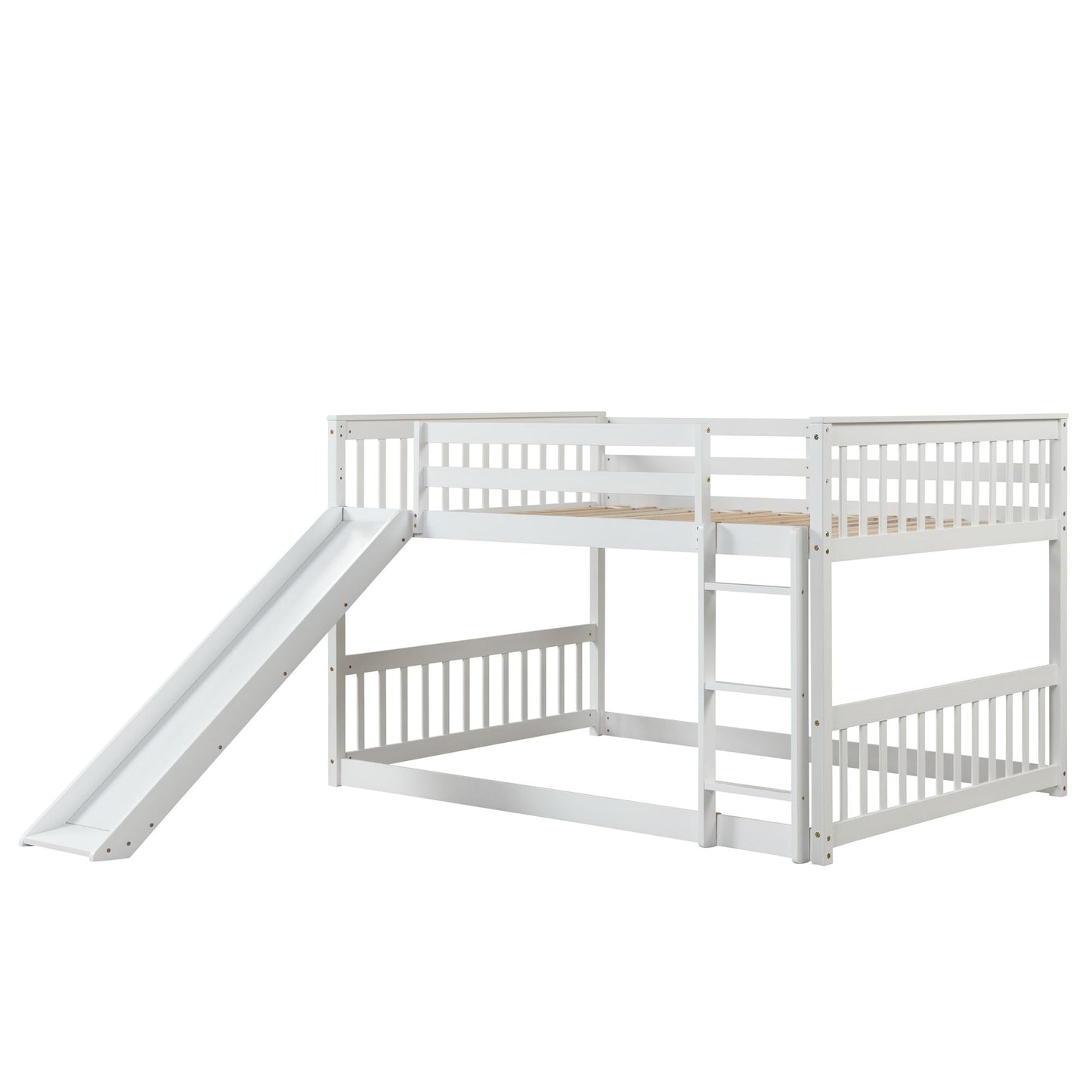 Space-Saving Full Over Full Wood Bunk Bed with Slide and Safety Guardrails, White | Just Better Bunk Beds