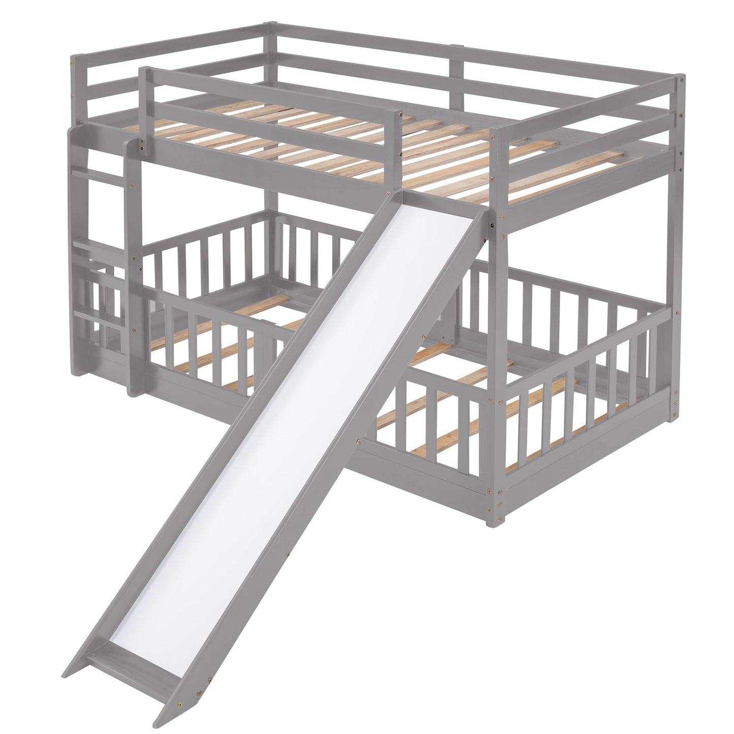 Kids Bedroom Twin Over Twin Wood Bunk Bed with Slide and Ladder, White | Just Better Bunk Beds