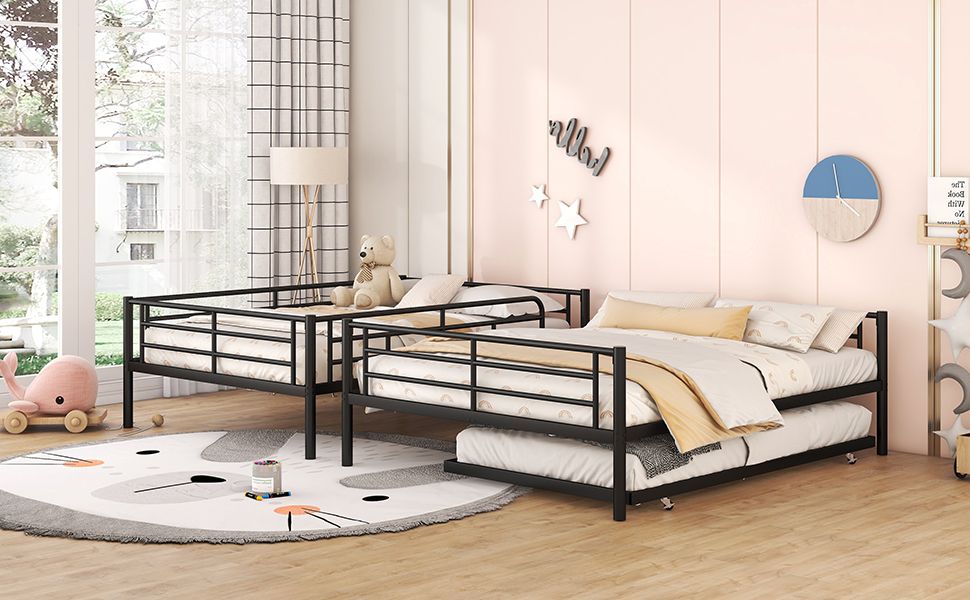 Space-Saving Full XL Over Queen Metal Bunk Bed with Trundle, Black | Just Better Bunk Beds