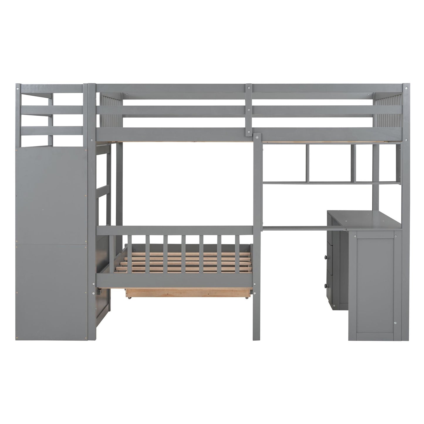 Shared Room Solution Full Over Twin Wood Bunk Bed with Desk, Drawers and Shelves, Gray | Just Better Bunk Beds