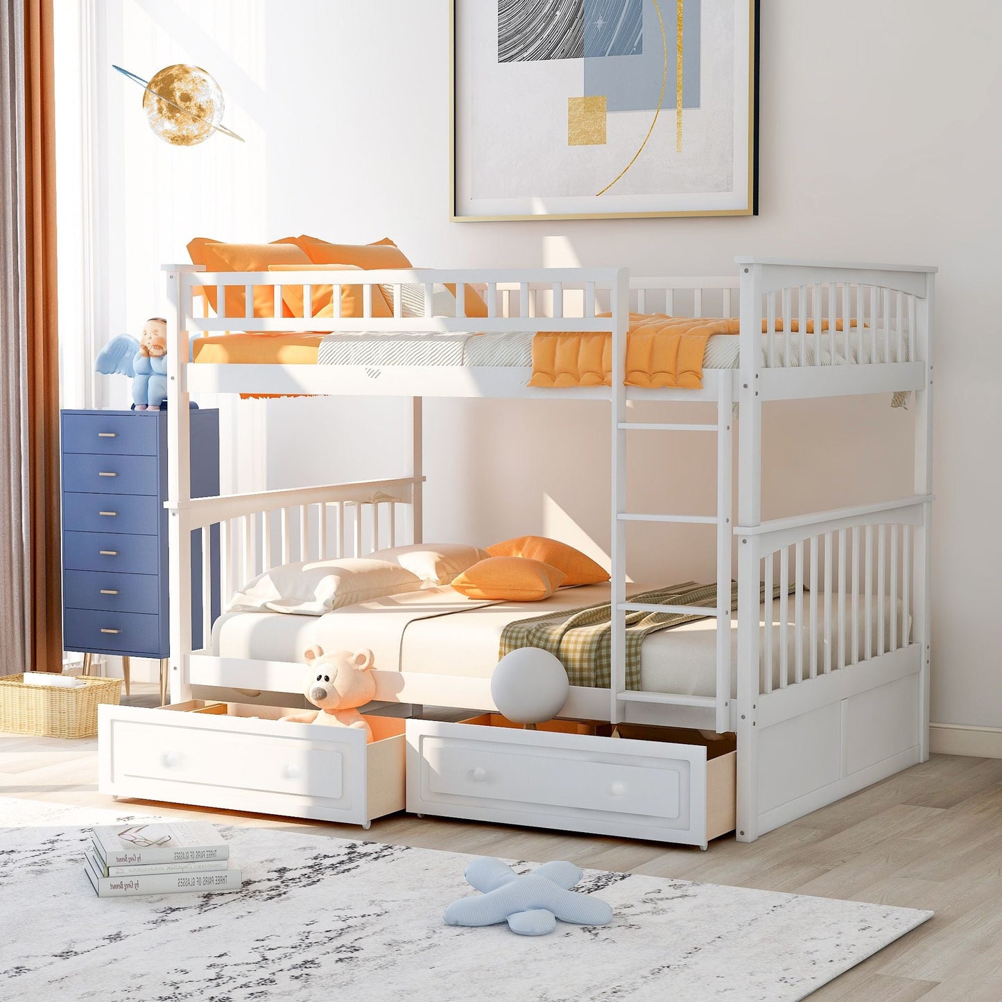 Convertible Full Over Full Wood Bunk Bed with Drawers, White | Just Better Bunk Beds