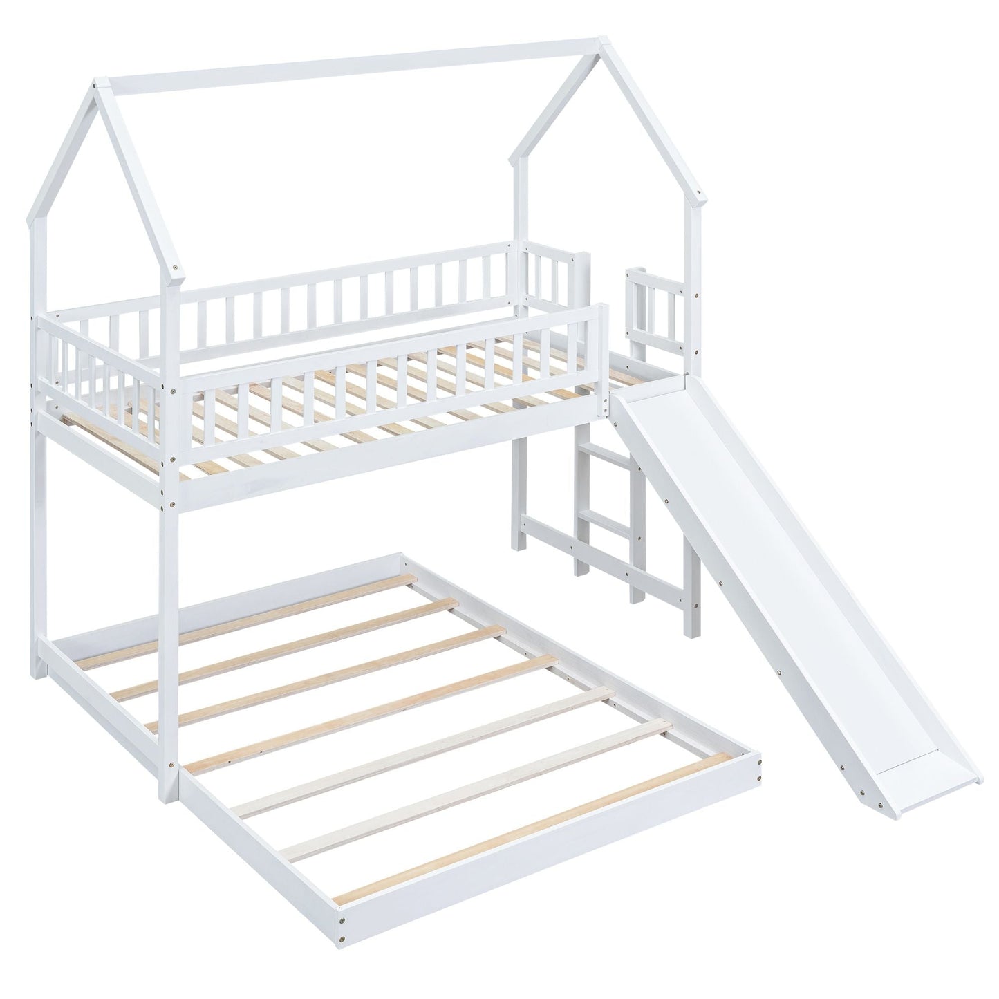 Twin over Full House Bunk Bed with Slide and Built-in Ladder,  Full-Length Guardrail