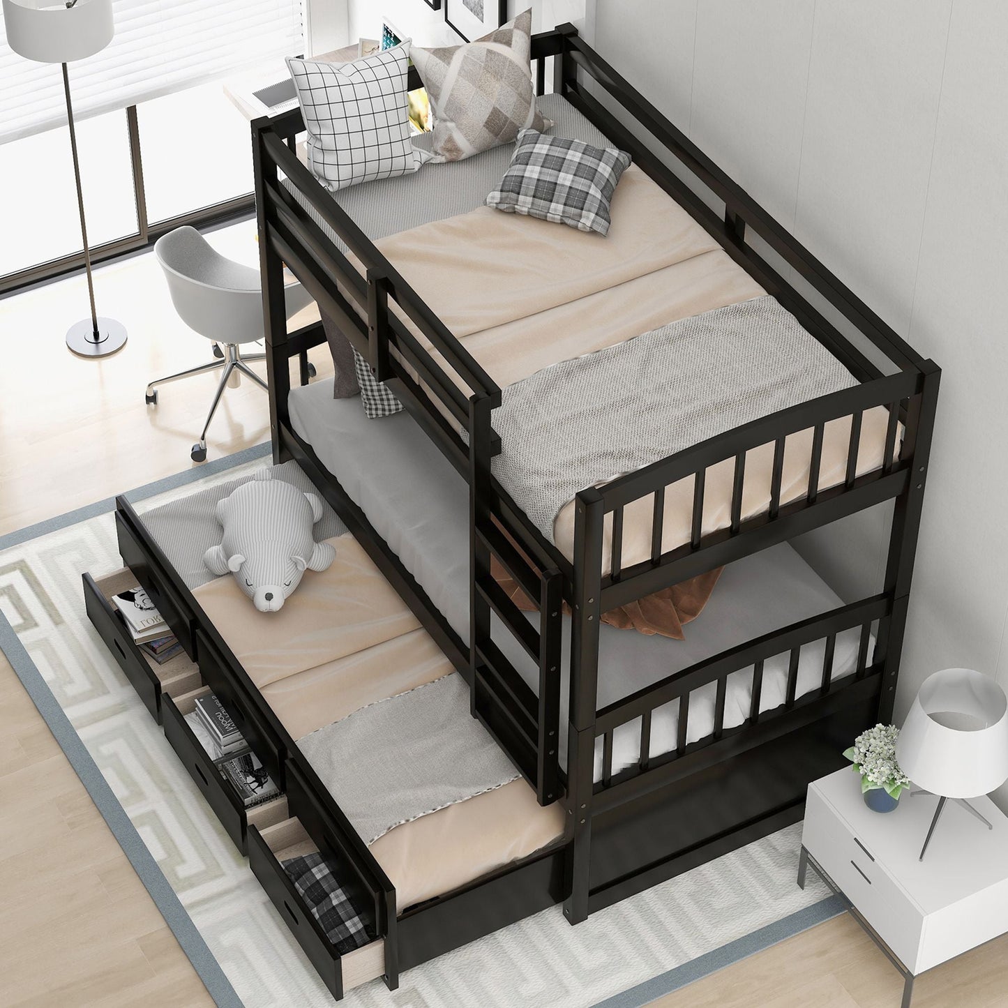 Shared Room Solution Twin Over Twin Wood Bunk Bed with Trundle and Drawers, Espresso | Just Better Bunk Beds