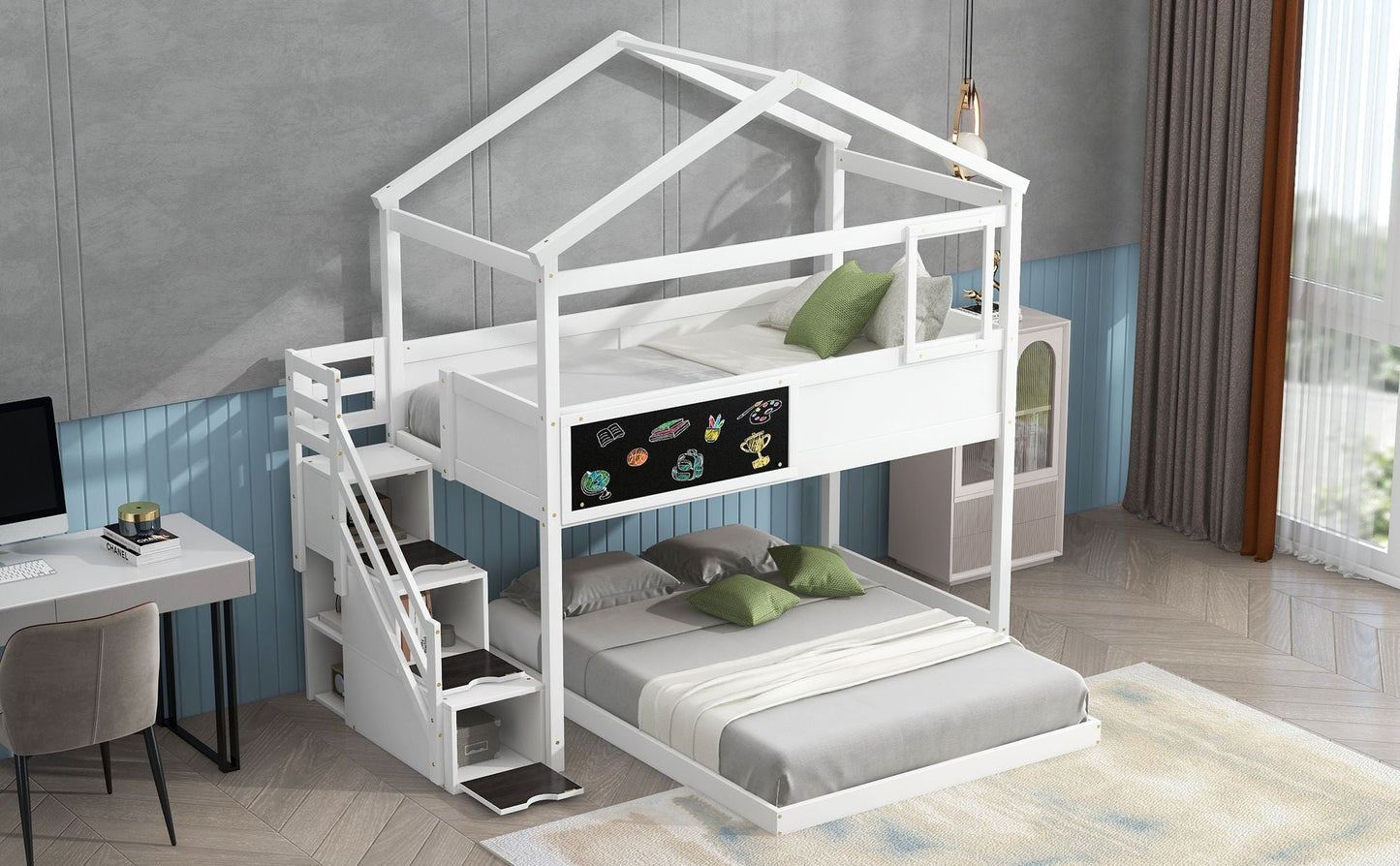 House-Style Twin Over Full Wood Bunk Bed with Storage Staircase, Blackboard, White | Just Better Bunk Beds