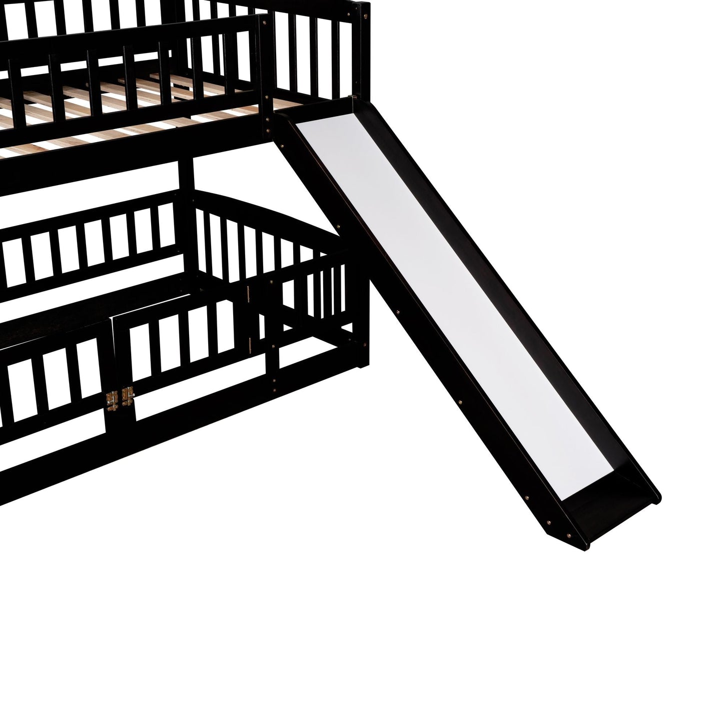 Safe Twin Over Twin Wood Low Bunk Bed with Slide, White with Fence and Ladder | Just Better Bunk Beds