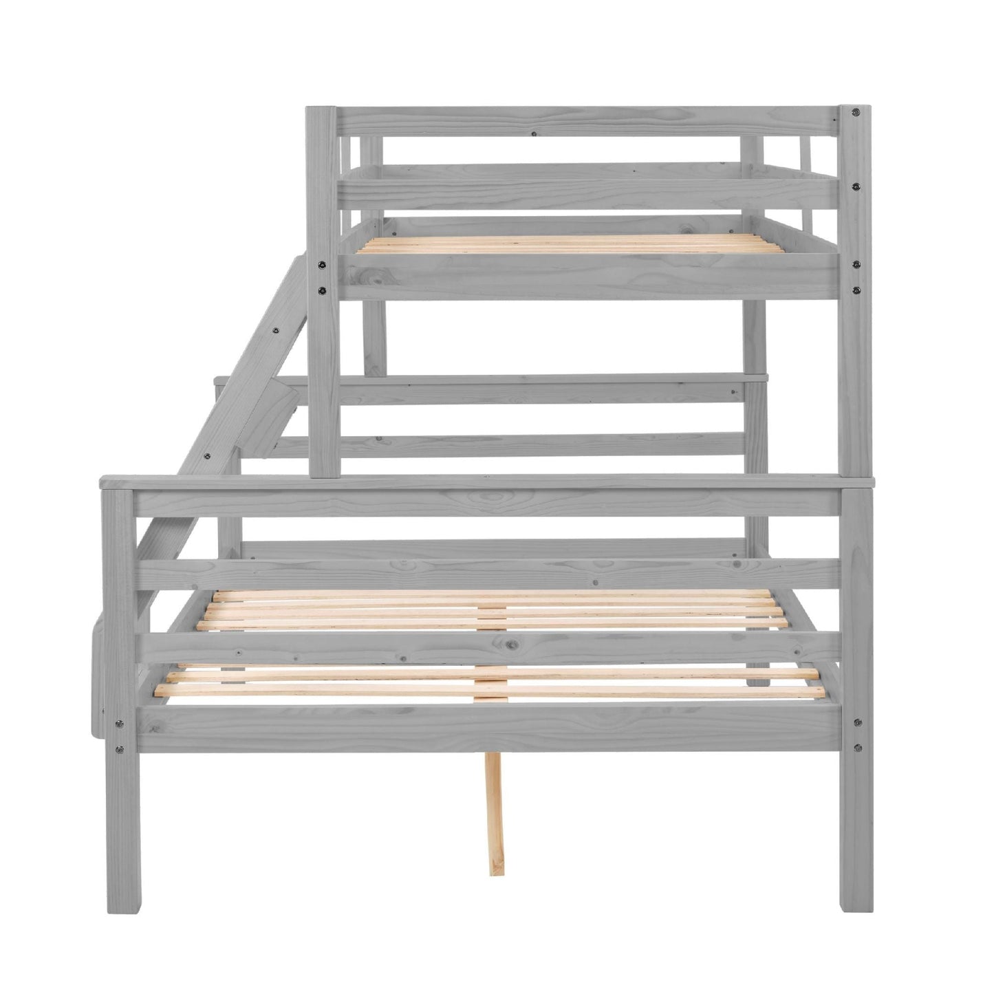 Durable Twin Over Full Wood Bunk Bed with Thick Posts, High Guardrail, Ladder, Gray | Just Better Bunk Beds
