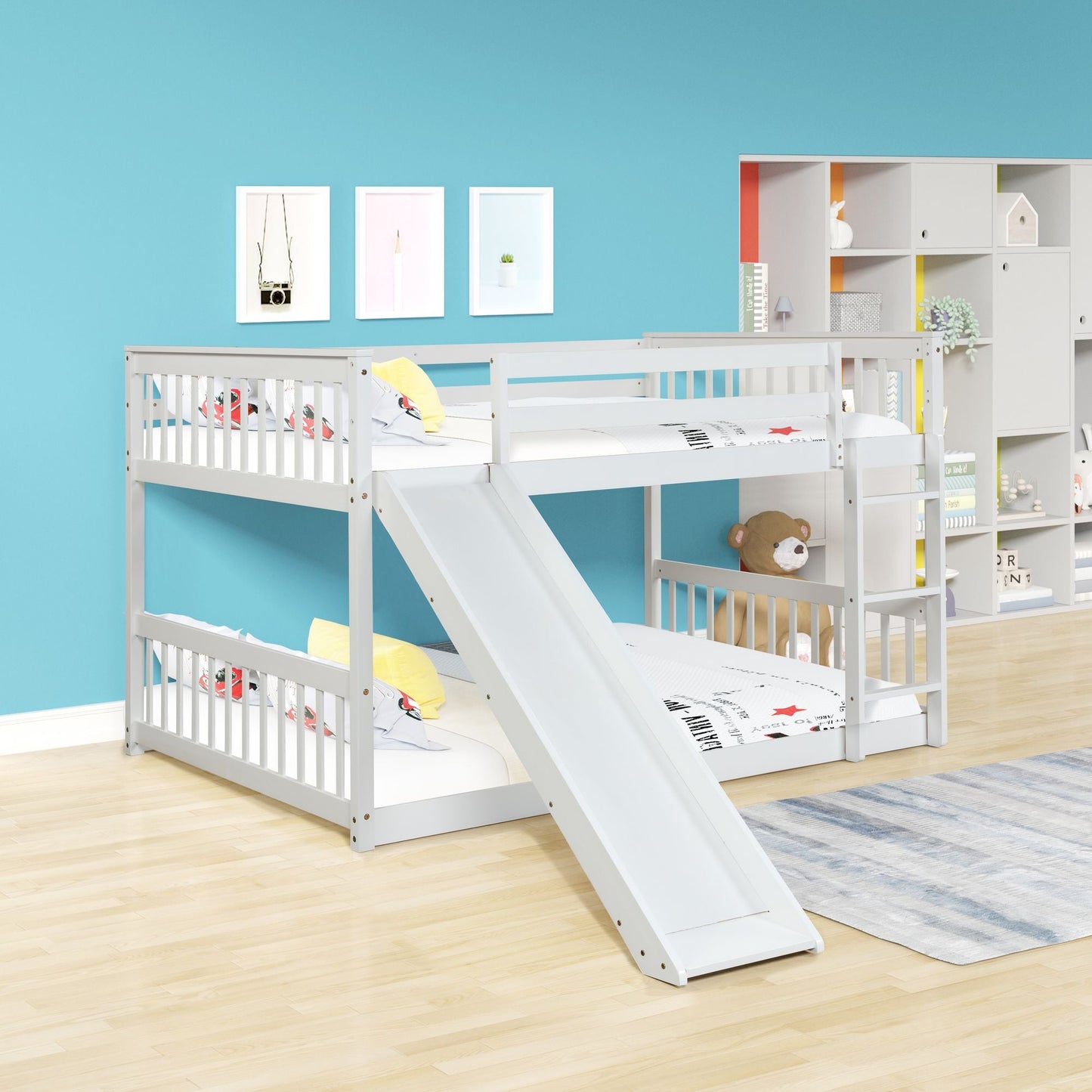 Space-Saving Full Over Full Wood Bunk Bed with Slide and Safety Guardrails, White | Just Better Bunk Beds