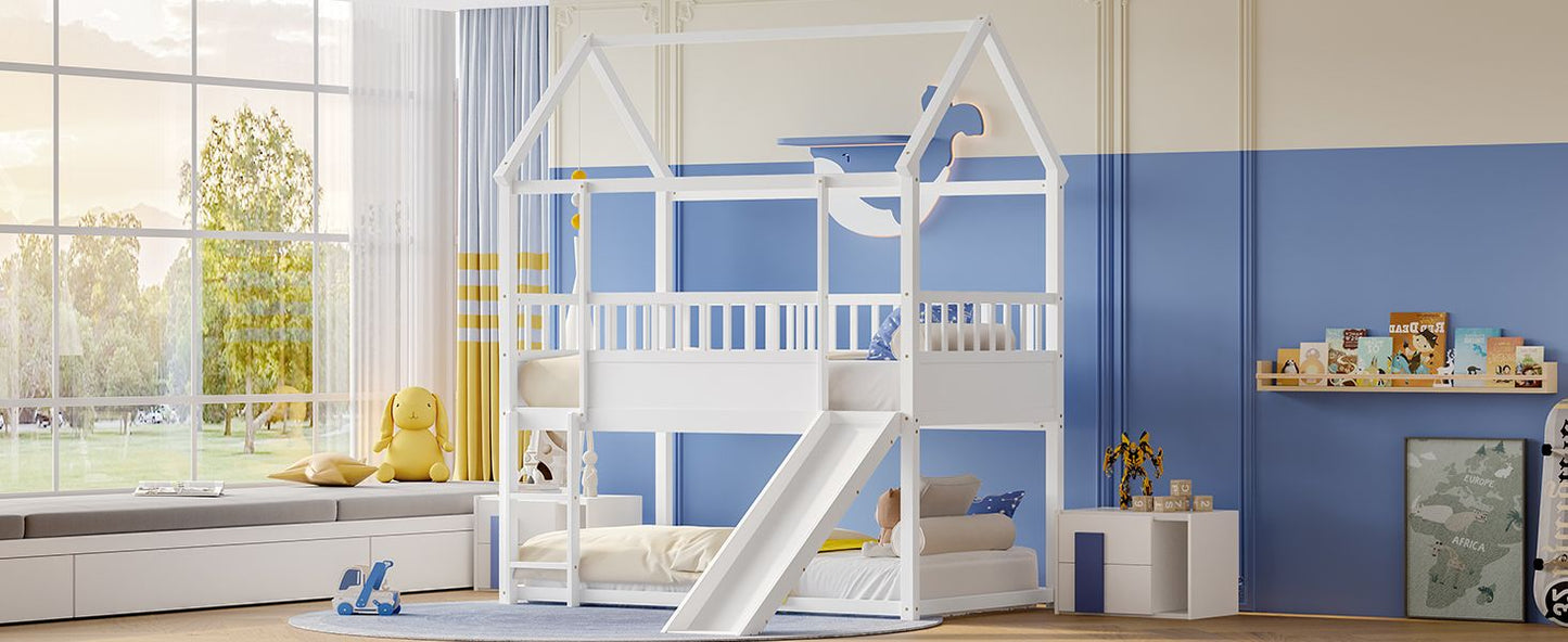 House-Style Twin Over Twin Wood Bunk Bed with Convertible Slide and Guardrail, White | Just Better Bunk Beds