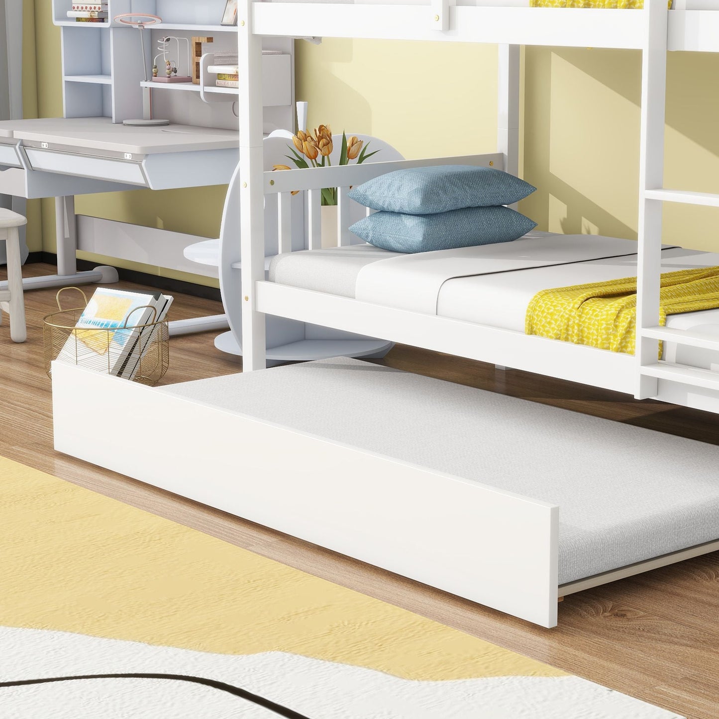 Convertible Twin Over Twin Rubber Wood Bunk Bed with Trundle, Ladder, and Safety Guardrails, White | Just Better Bunk Beds