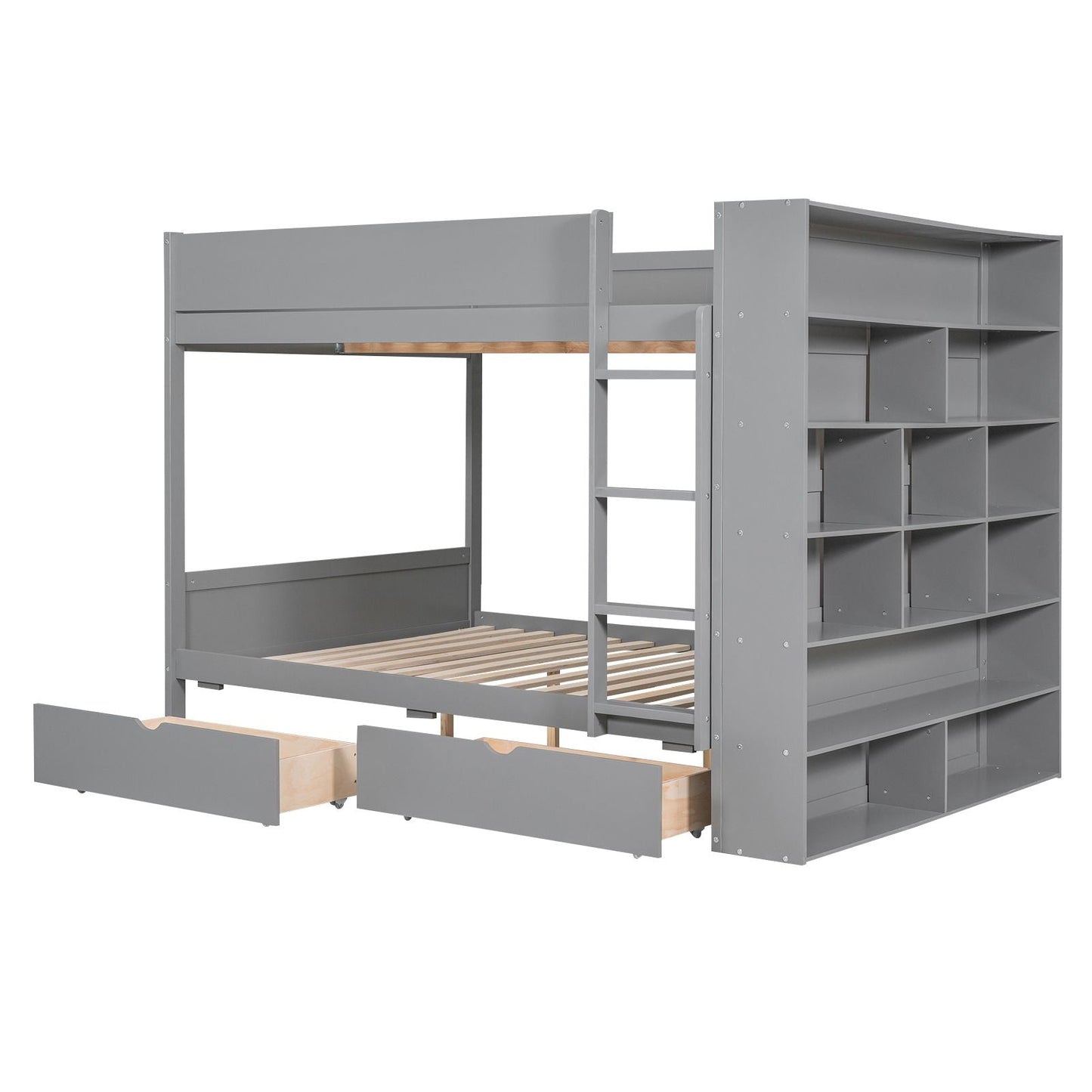 Storage Full Over Full Wood Bunk Bed with 2 Drawers and Multi-Layer Cabinet, Gray | Just Better Bunk Beds