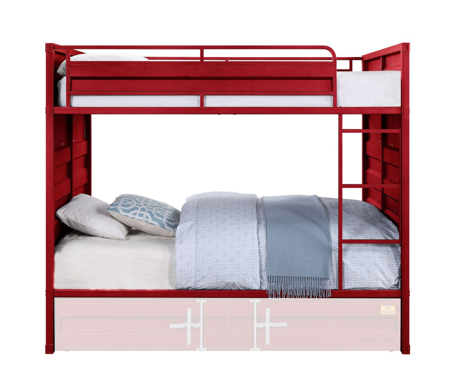Kids Bedroom Full Over Full Wood Bunk Bed, Red Cargo Finish | Just Better Bunk Beds