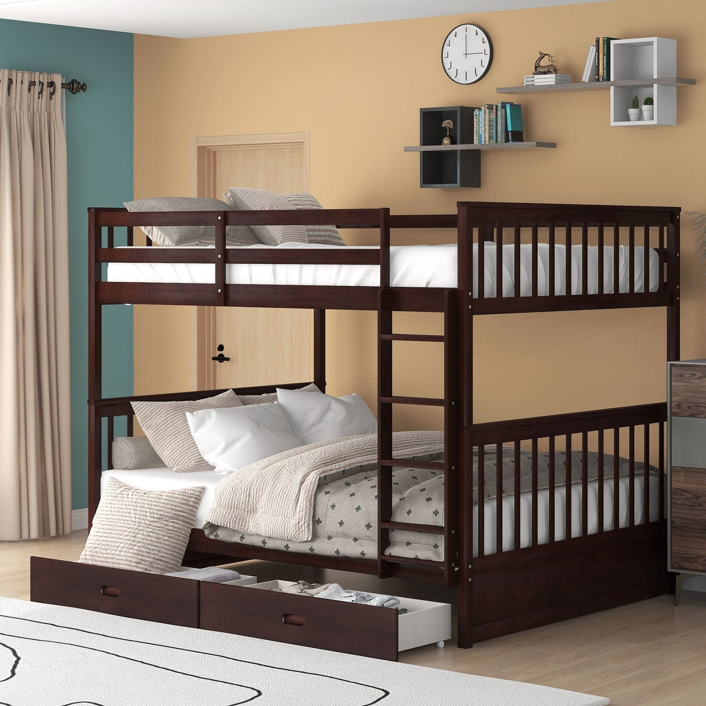 Storage-Focused Full Over Full Wood Bunk Bed with Ladders and Drawers, Espresso | Just Better Bunk Beds