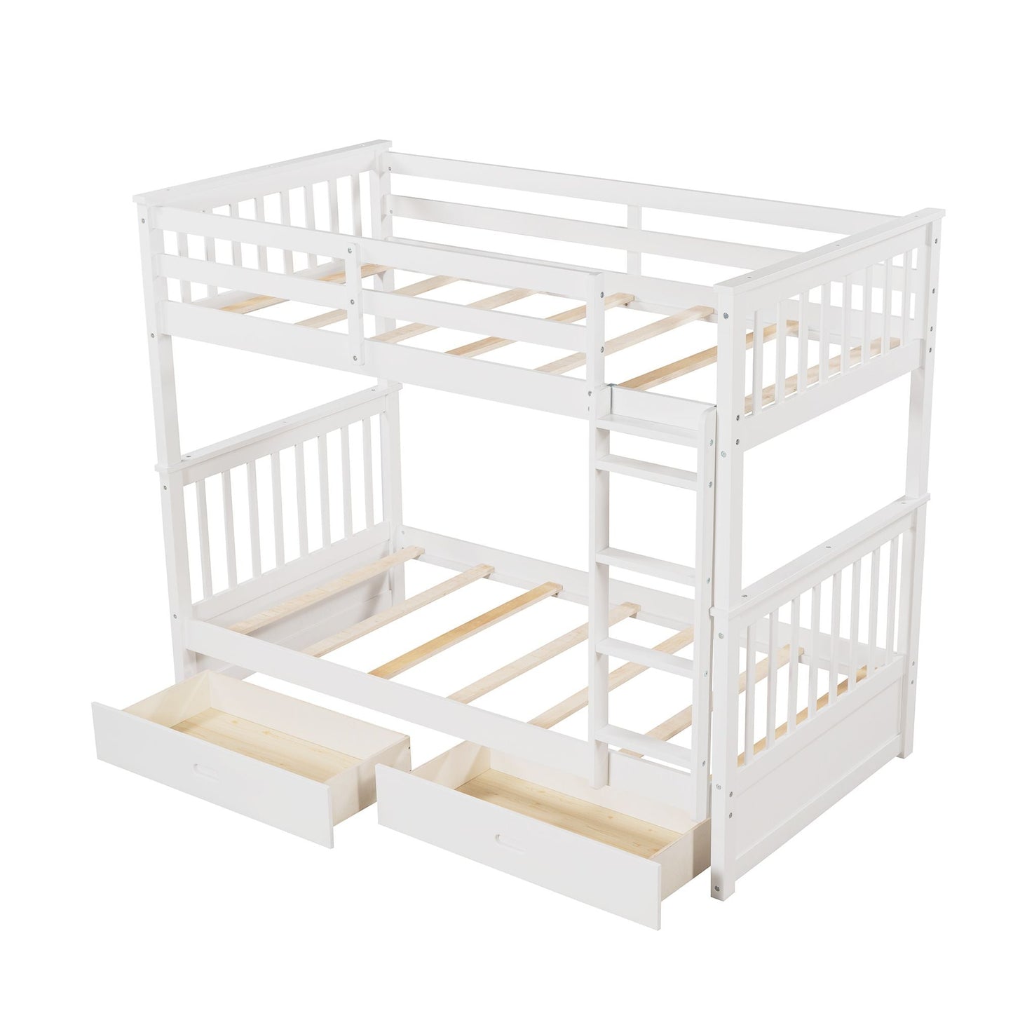Storage-Enhanced Twin Over Twin Wood Bunk Bed with Ladders, Two Drawers, White | Just Better Bunk Beds