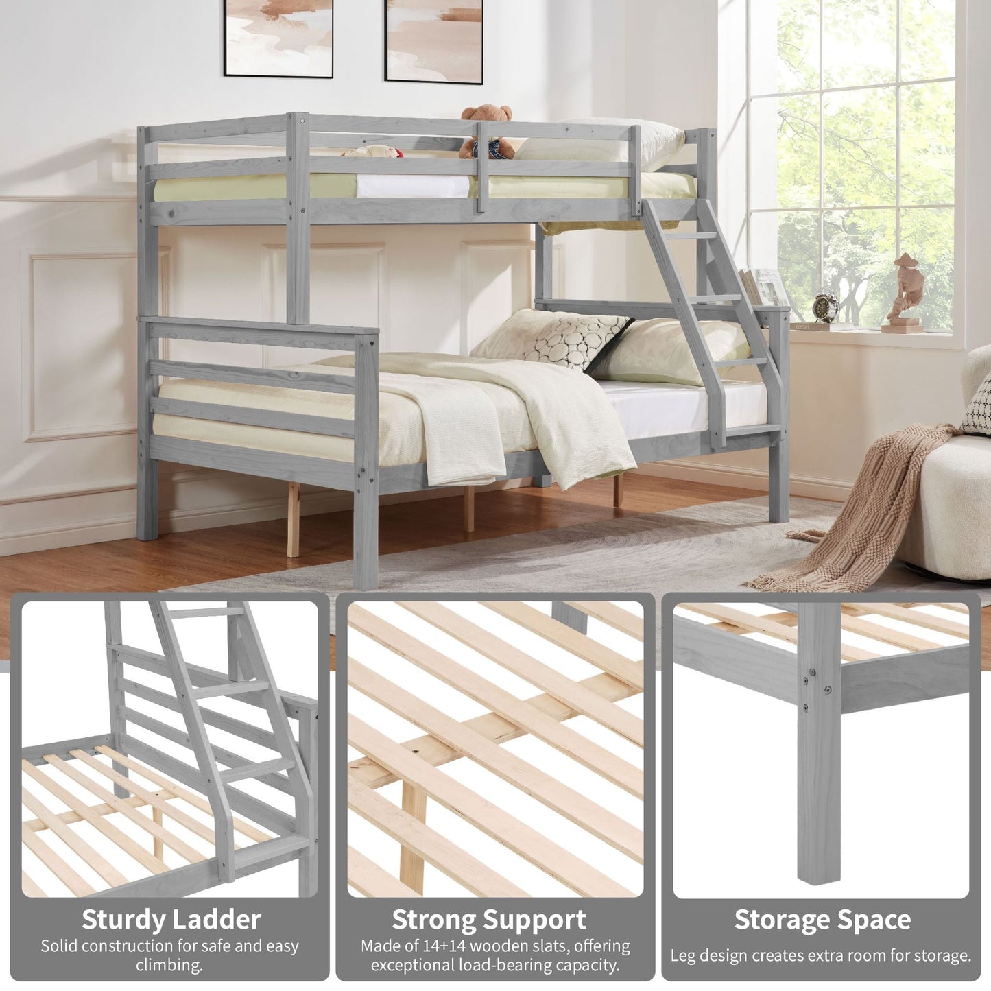 Durable Twin Over Full Wood Bunk Bed with Thick Posts, High Guardrail, Ladder, Gray | Just Better Bunk Beds