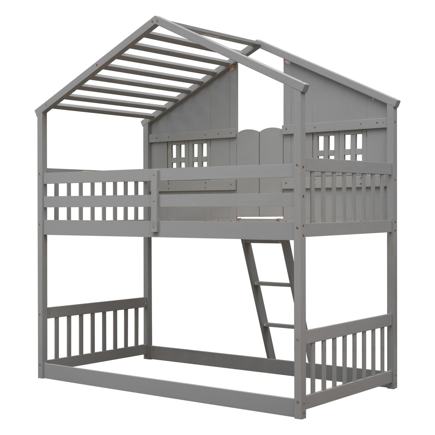 House-Style Twin Over Twin Wood Bunk Bed with Roof, Window, Door, and Ladder, Multiple Colors | Just Better Bunk Beds