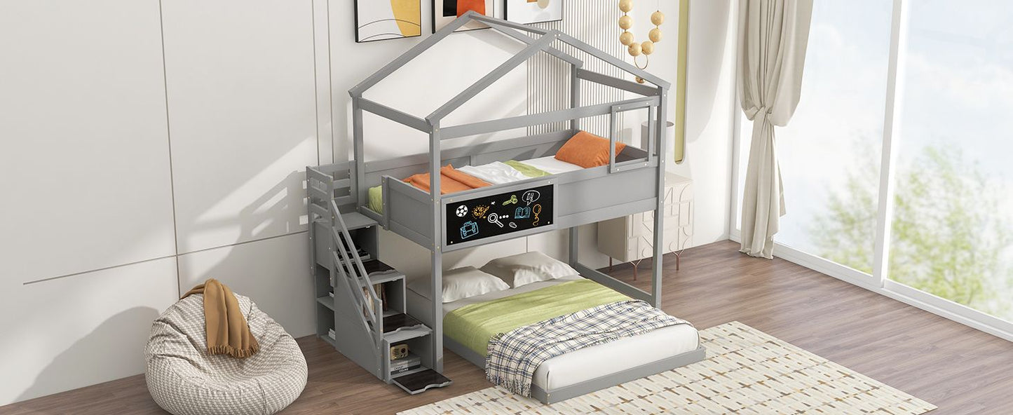 Staircase Storage Twin Over Full Wood House Bunk Bed with Blackboard, Gray and White | Just Better Bunk Beds