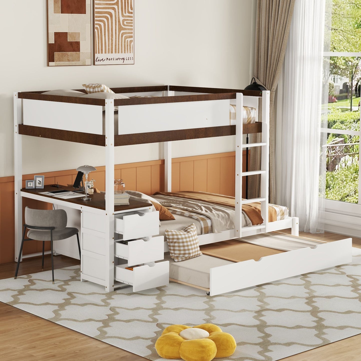 Shared Room Solution Full Over Full Wood Bunk Bed with Twin Trundle, Storage, Desk, White Walnut | Just Better Bunk Beds
