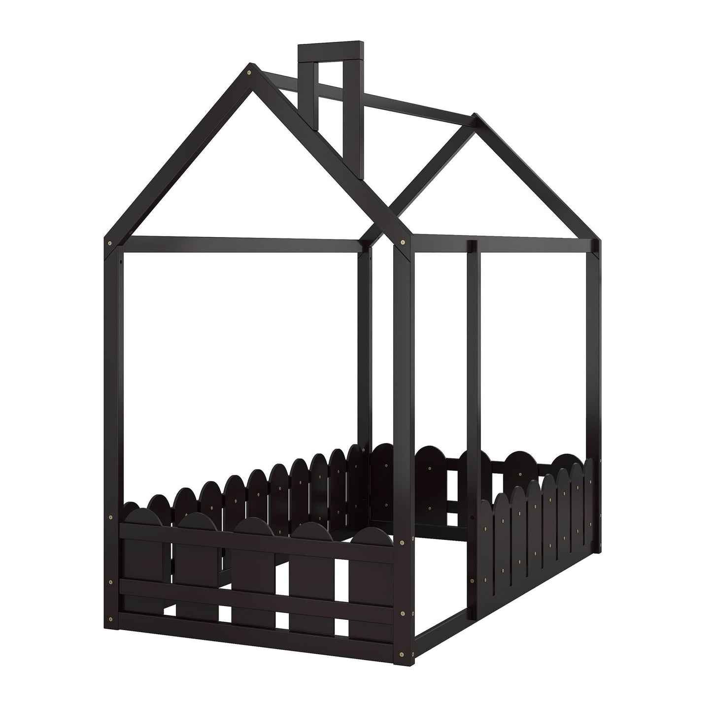 House-Style Twin Wood Bed Frame with Fence for Kids and Teens, Espresso, Gray, White | Just Better Bunk Beds
