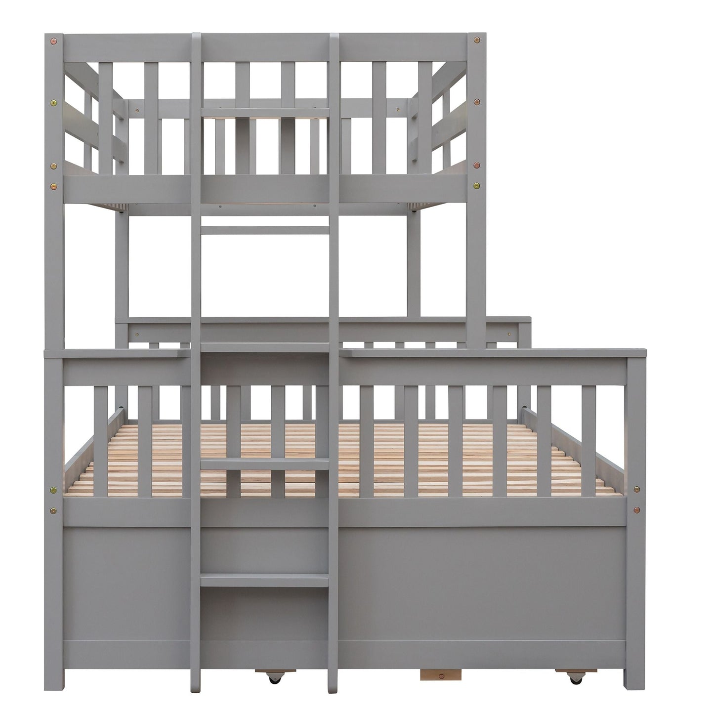 Space-Saving Twin Over Full Wood Bunk Bed with Twin Trundle and Drawers, Gray | Just Better Bunk Beds