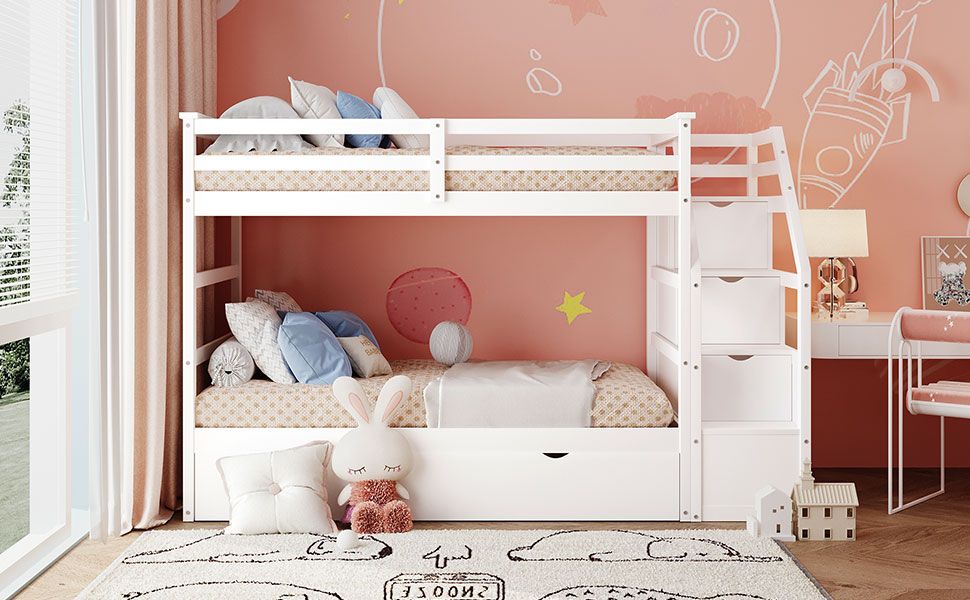Twin-Over-Twin Bunk Bed with Twin Size Trundle and 3 Storage Stairs White