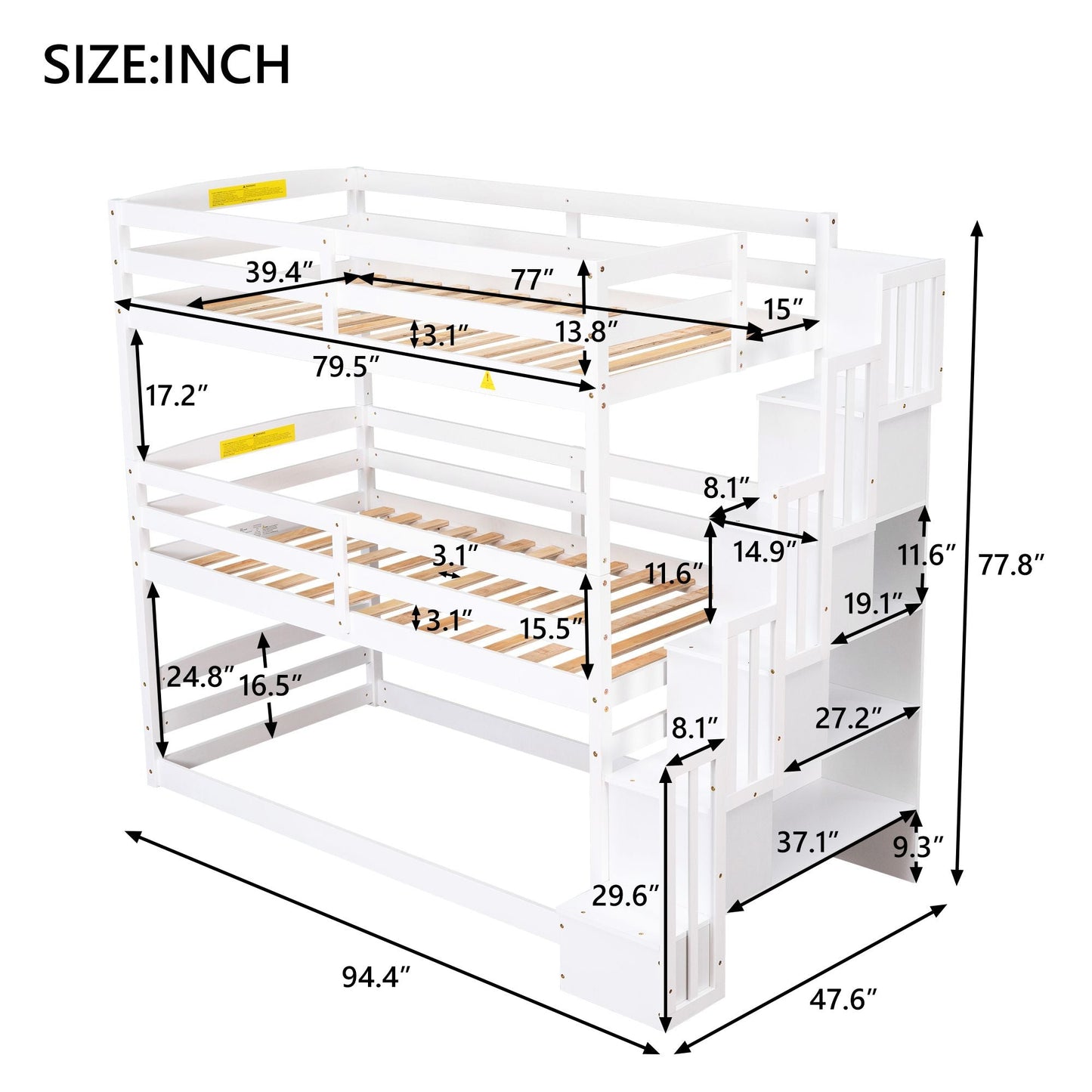 Shared Room Solution Twin Triple Wood Bunk Bed with Storage Staircase, White | Just Better Bunk Beds