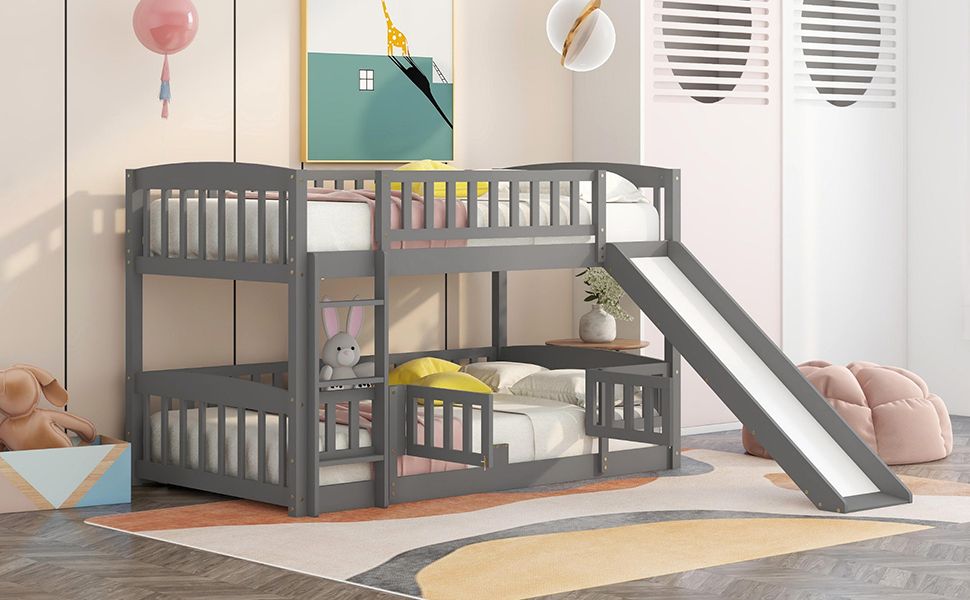 Kids Bedroom Twin Over Twin Wood Low Bunk Bed with Slide, Fence and Ladder, White | Just Better Bunk Beds
