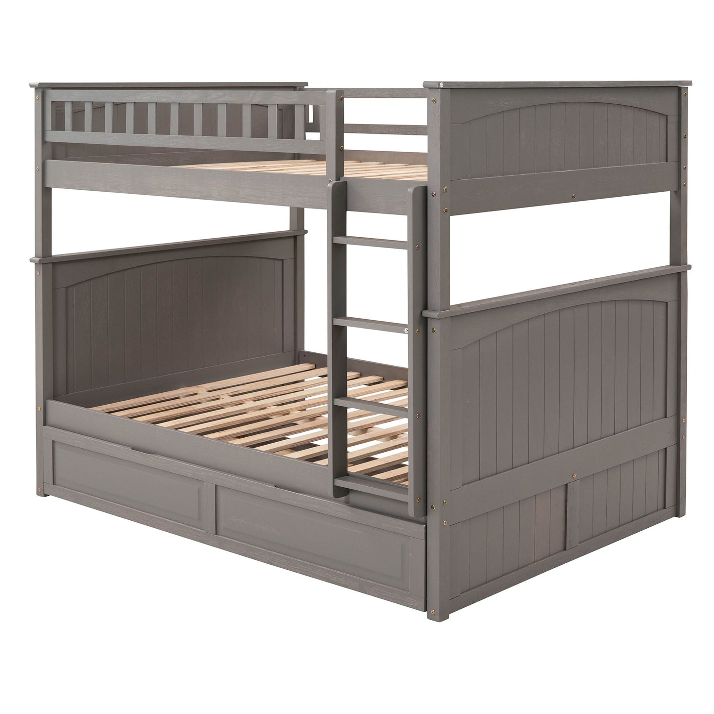 Shared Room Solution Full Over Full Pine Wood Bunk Bed with Twin Trundle and Guardrails, Brushed Gray | Just Better Bunk Beds