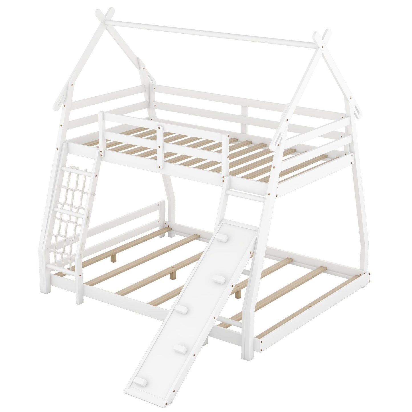 House-Style Twin Over Queen Wood Bunk Bed with Climbing Nets and Ramp, White | Just Better Bunk Beds