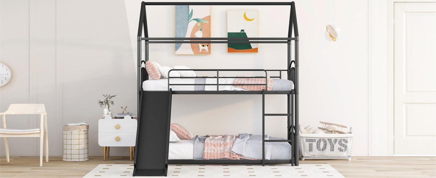 Kids Bedroom Twin Over Twin Metal Bunk Bed with Slide, Black | Just Better Bunk Beds
