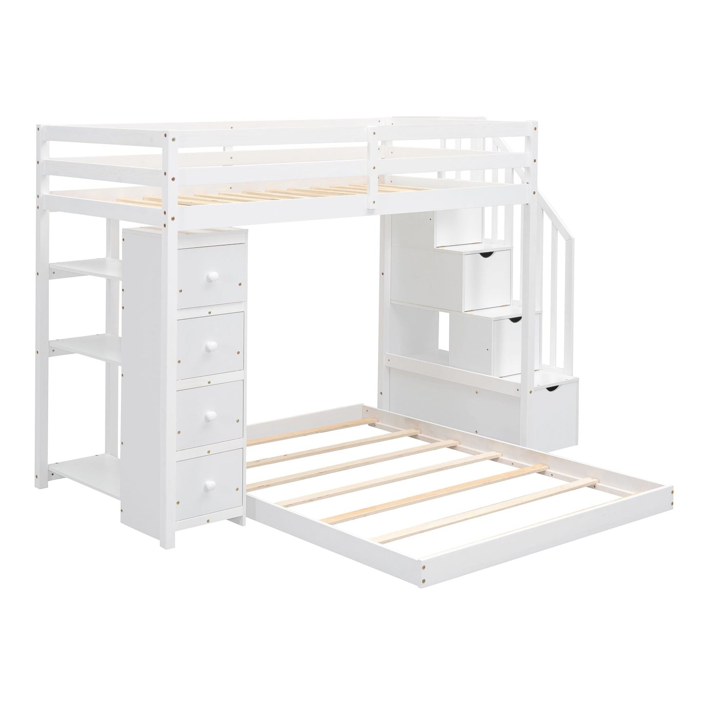 Storage Staircase Twin Over Full Wood Bunk Bed with 3-Layer Shelves and Drawers, White | Just Better Bunk Beds