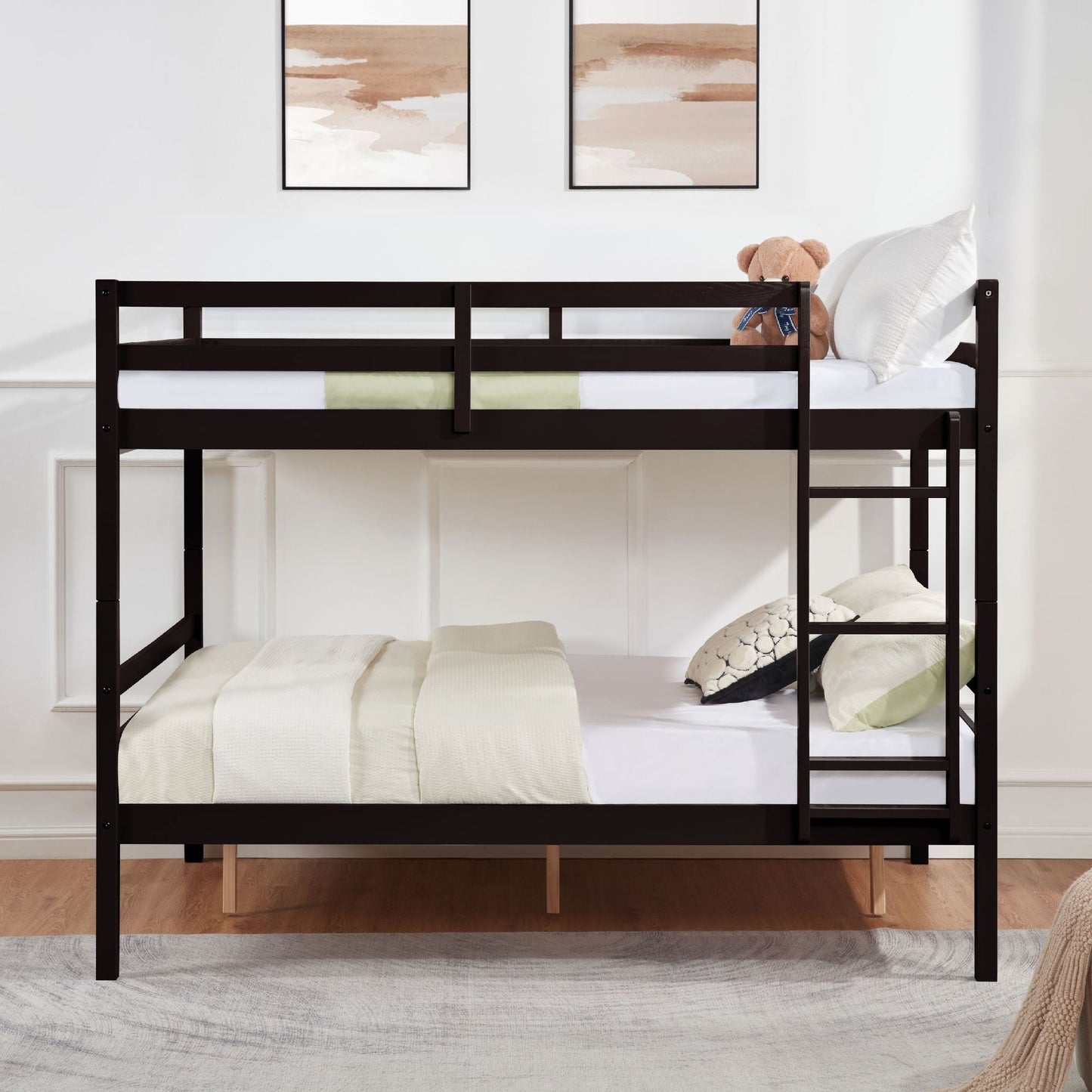 Dorm Room Full Over Full Wood Bunk Bed with Ladder and Guardrail, Espresso | Just Better Bunk Beds
