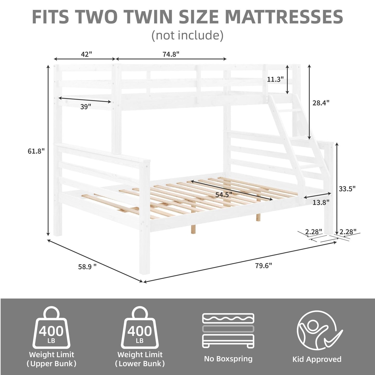 Kids Bedroom Twin Over Full Wood Bunk Bed with Thick Posts, High Guardrail, Ladder, White | Just Better Bunk Beds