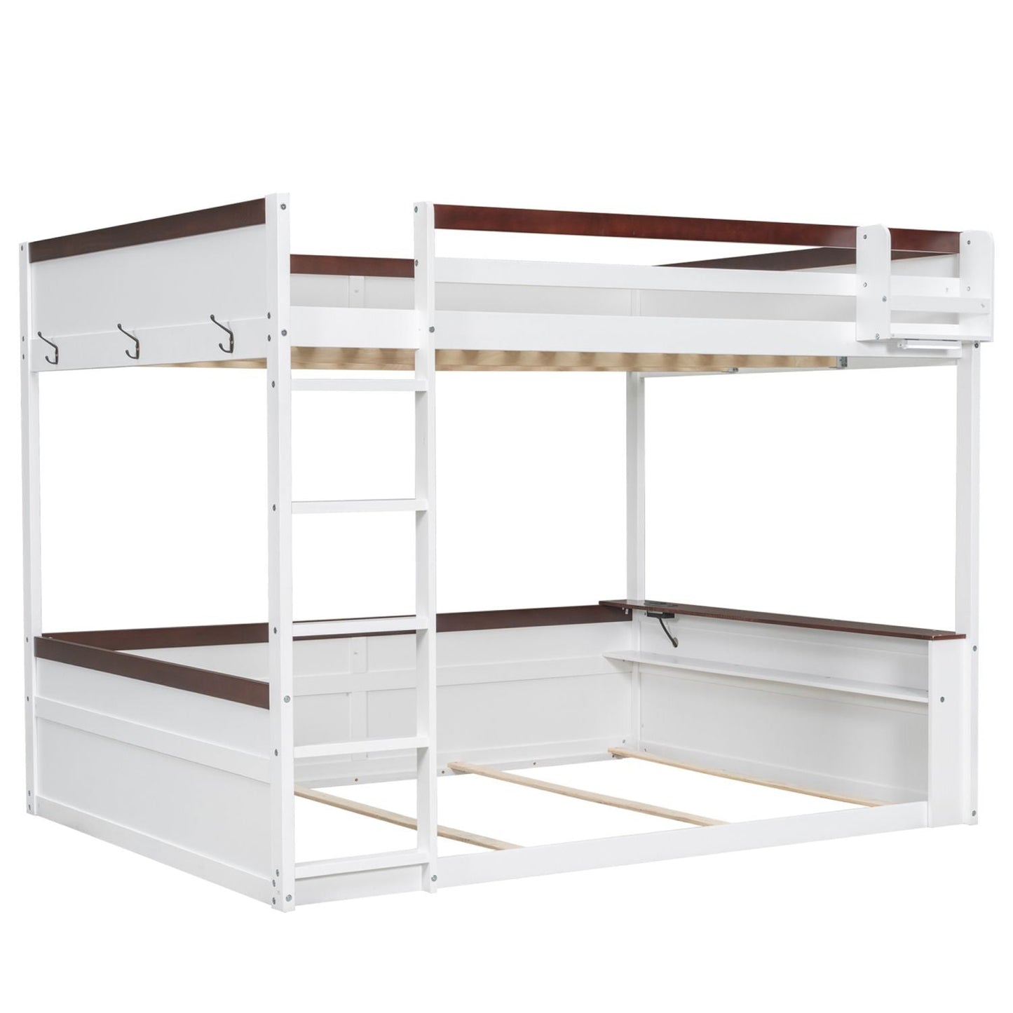 Queen Size Wooden Bunk Bed with Built-in Shelves, Storage Box, LED Light and USB Charging Station, White