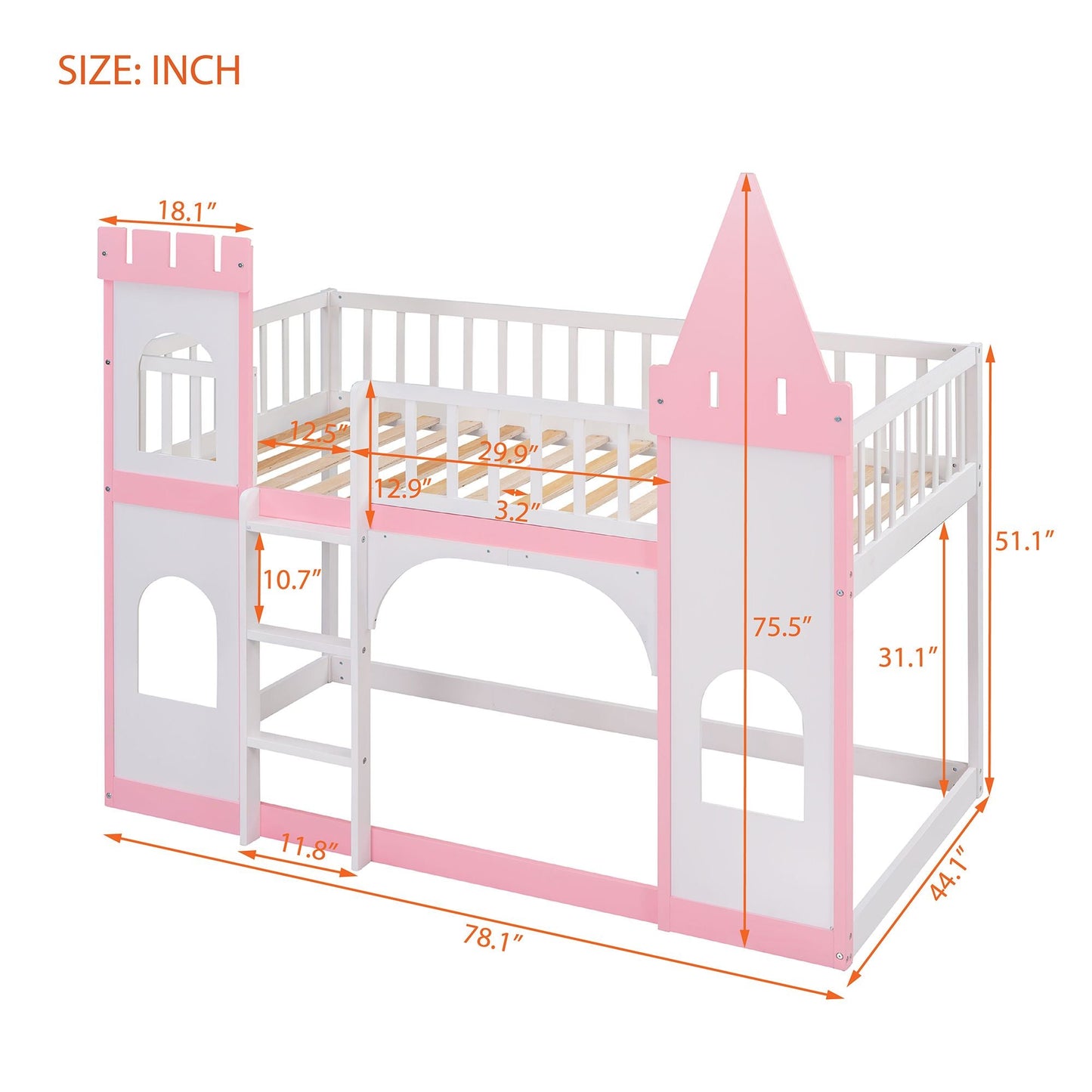 House-Style Twin Over Twin Wood Castle Bunk Bed with Ladder, Pink | Just Better Bunk Beds