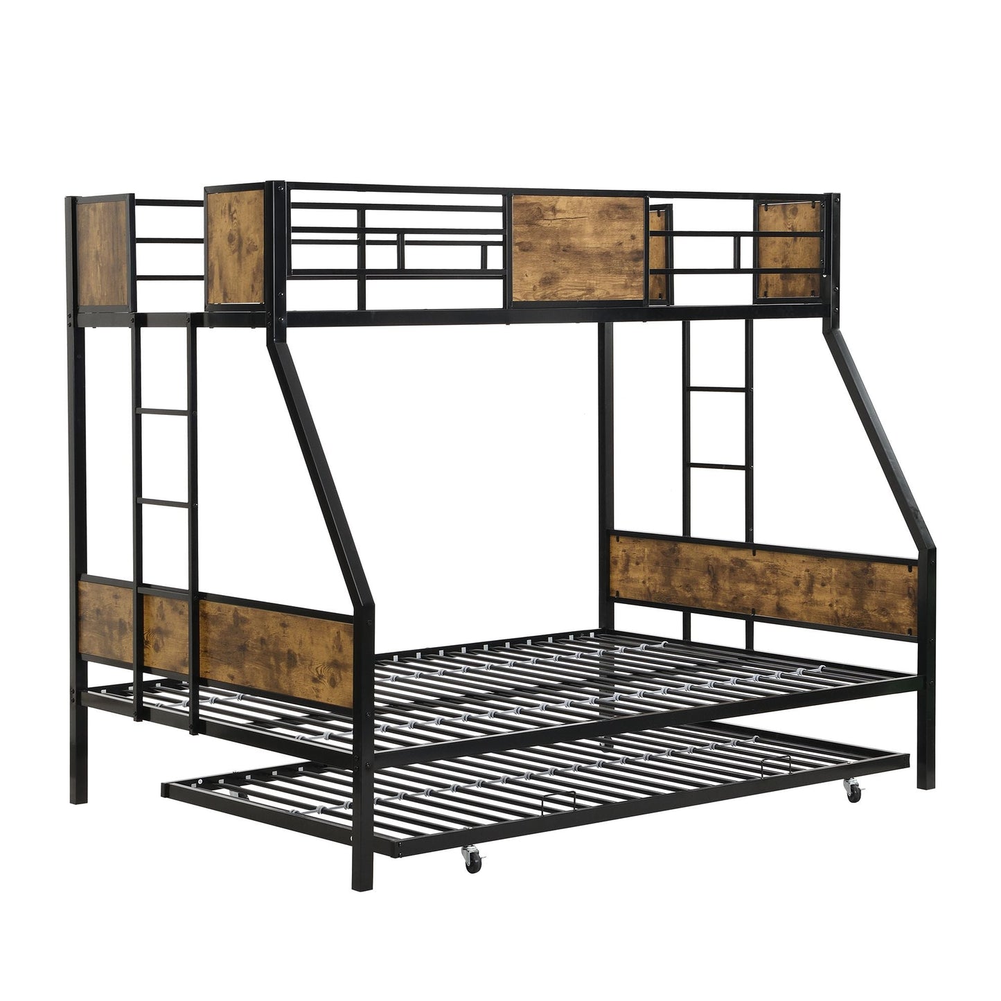 Twin Over FULL Metal Bunk Bed with Trundle 2 - Side Ladder and Full-Length Guardrail,  No Box Spring Needed,  Large Under Bed Storage,  Easy Assemble