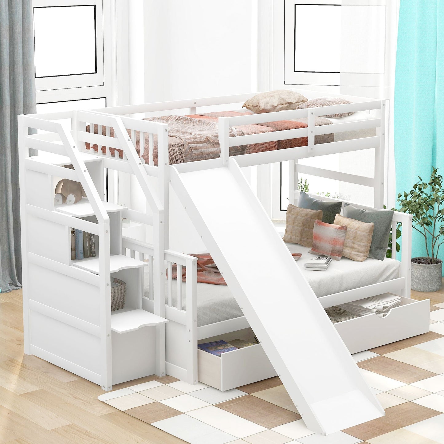 Multifunction Twin Over Full Wood Bunk Bed with Drawers and Slide, White | Just Better Bunk Beds