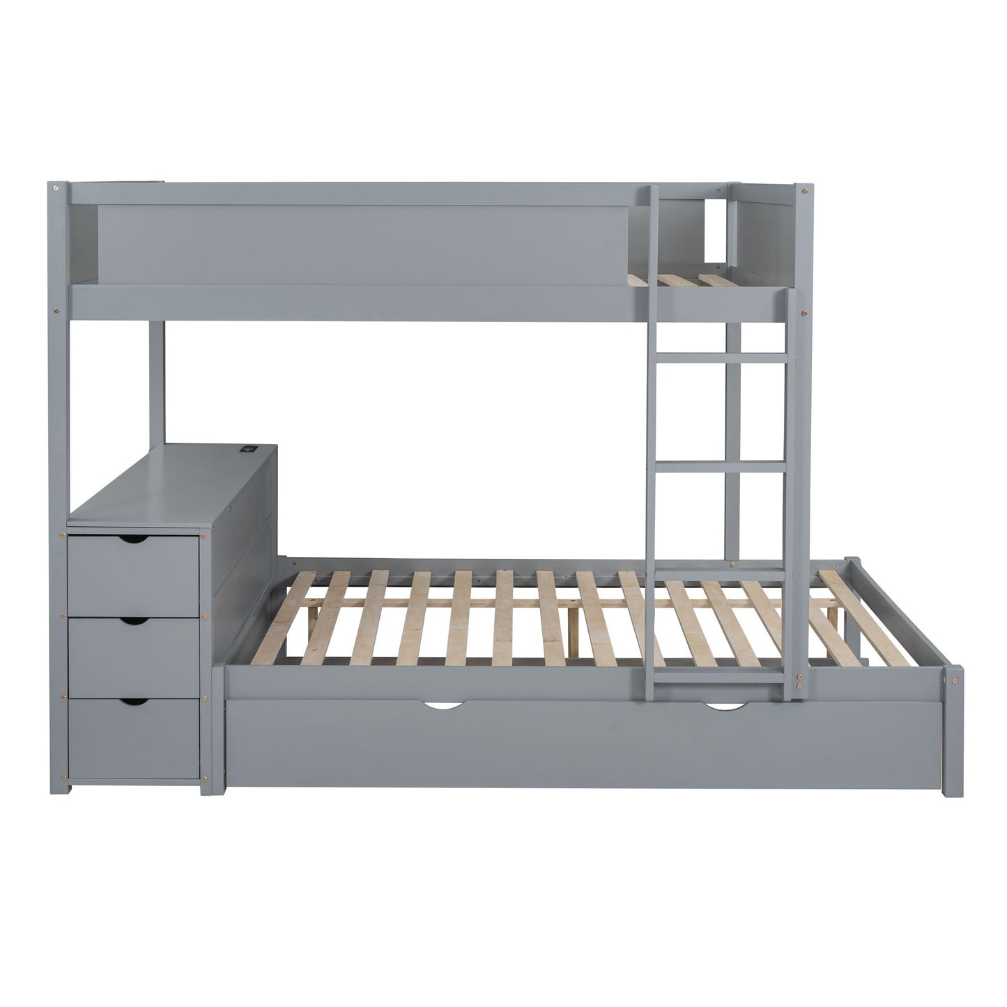 Multi-Functional Full Over Full Wood Bunk Bed with Trundle, Storage, and Desk, Gray | Just Better Bunk Beds