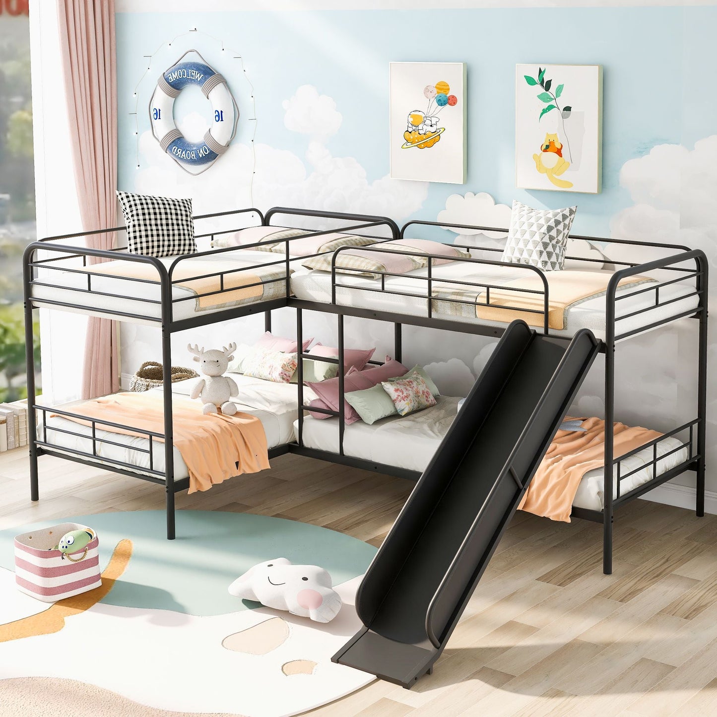 Twin Size L-Shaped Bunk Bed with Slide and Ladder,  Black