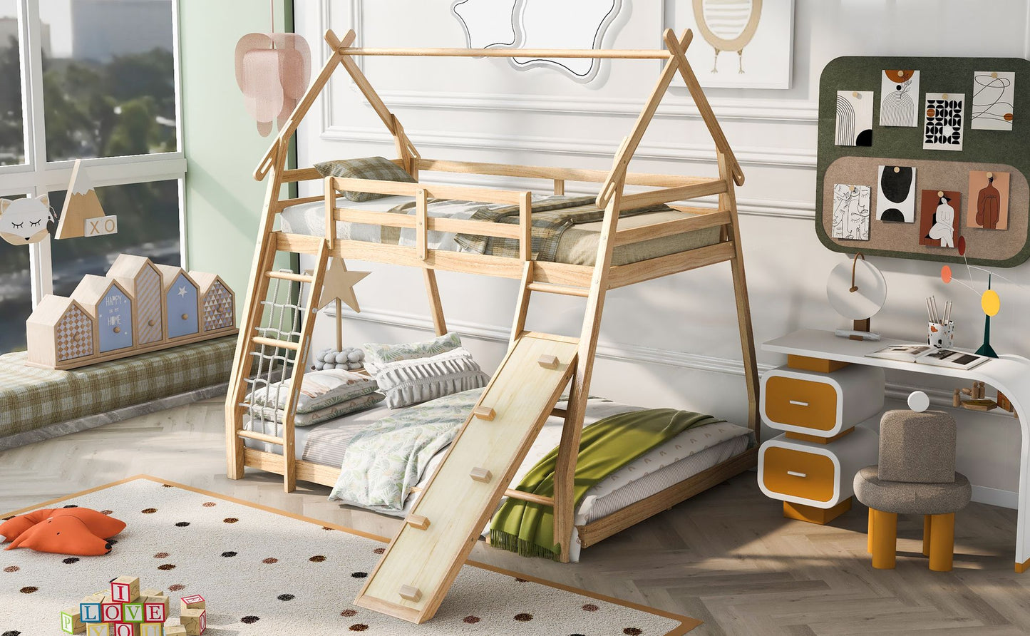 Shared Room Solution Twin Over Queen Wood House Bunk Bed with Climbing Nets and Ramp, Natural | Just Better Bunk Beds