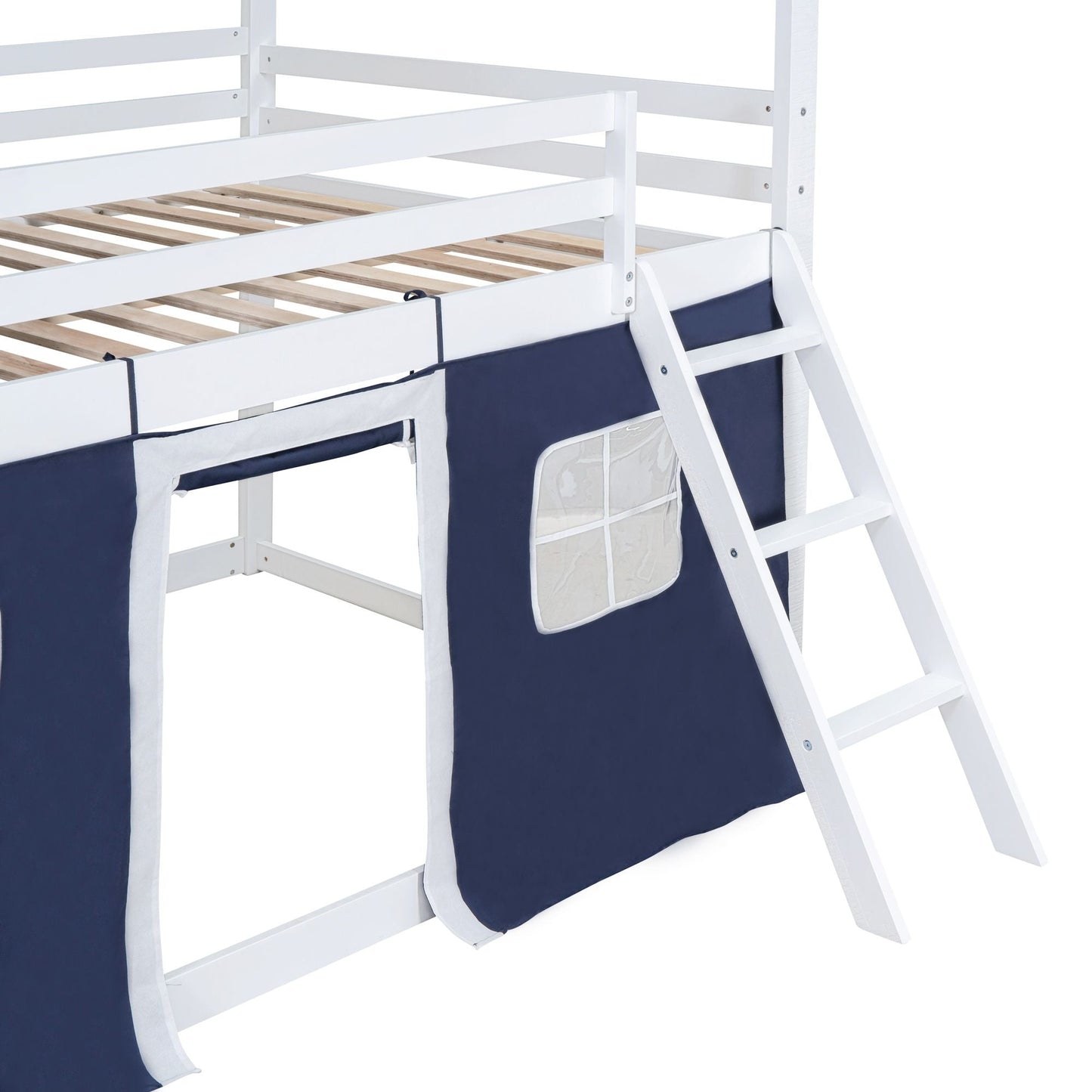 Kids Bedroom Full Wood House-Style Bunk Bed with Windows and Tent, Blue White | Just Better Bunk Beds