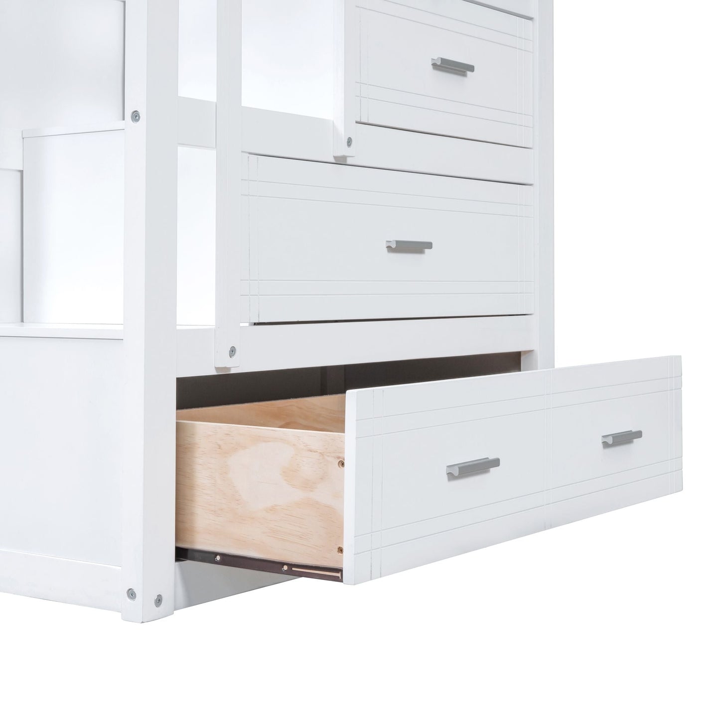 Shared Room Solution Twin Over Twin Wood Bunk Bed with Trundle and Staircase, White | Just Better Bunk Beds