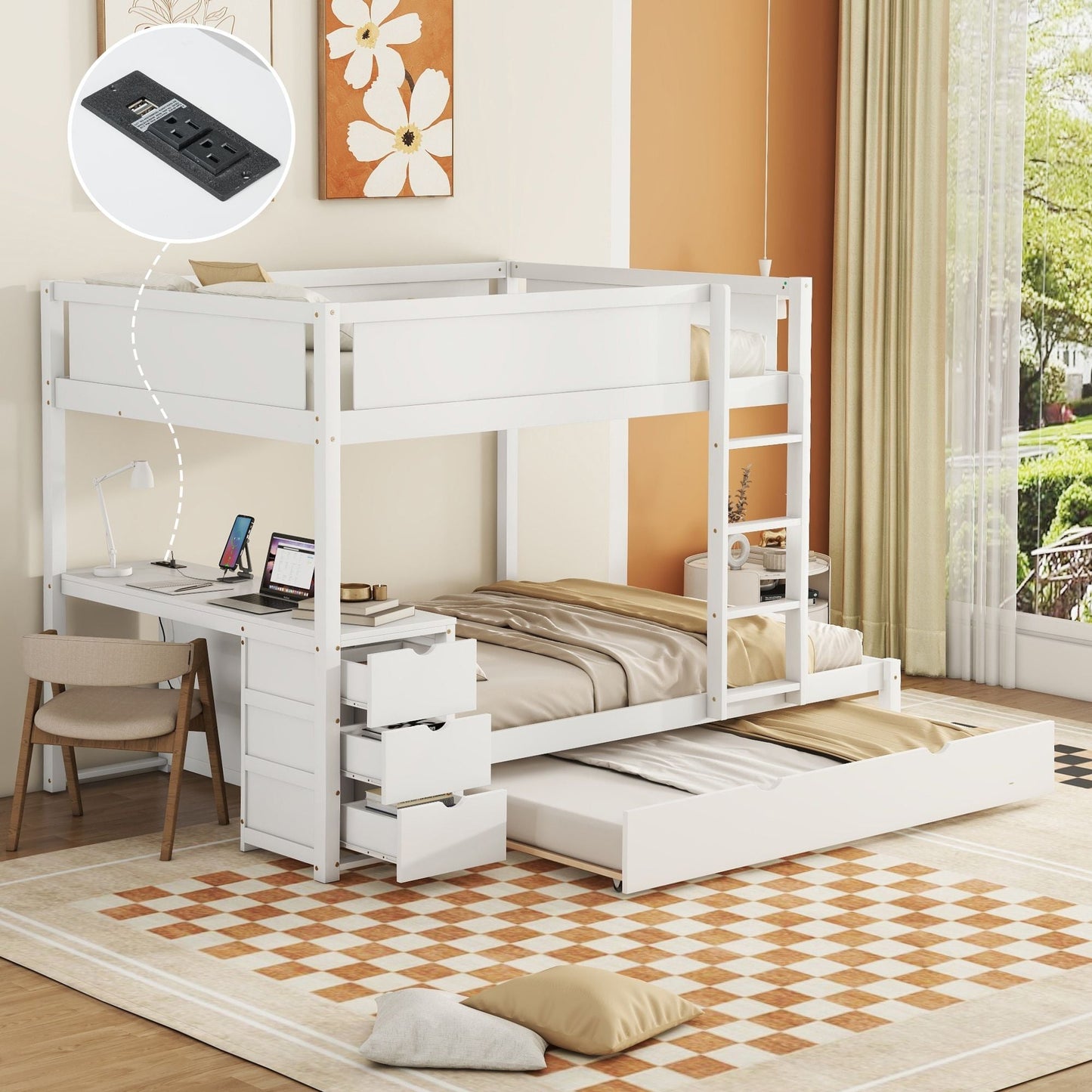 Multi-Functional Full Over Full Wood Bunk Bed with Twin Trundle, Storage, Desk, White | Just Better Bunk Beds