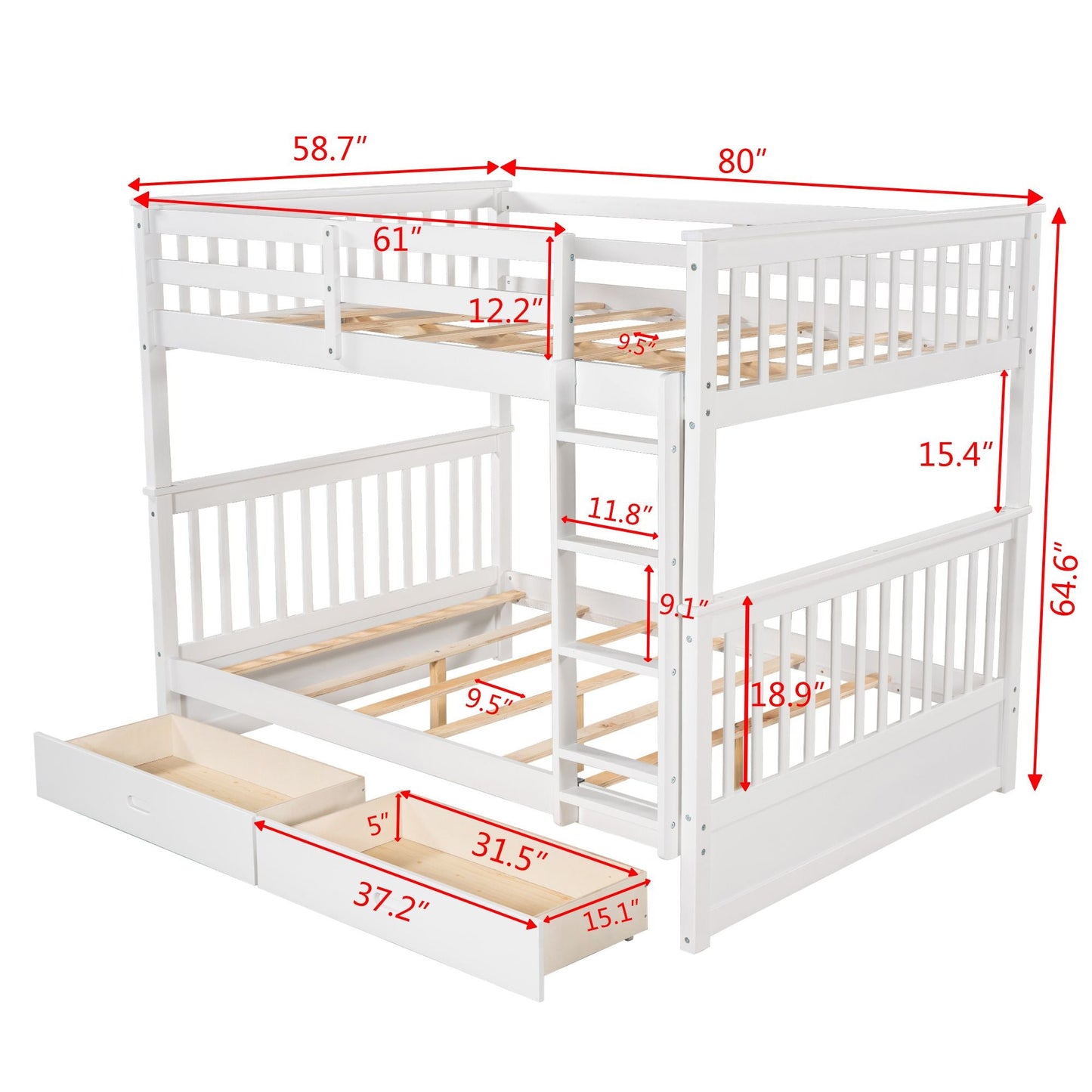Storage-Enhanced Full Over Full Wood Bunk Bed with Ladders, Two Drawers, White | Just Better Bunk Beds