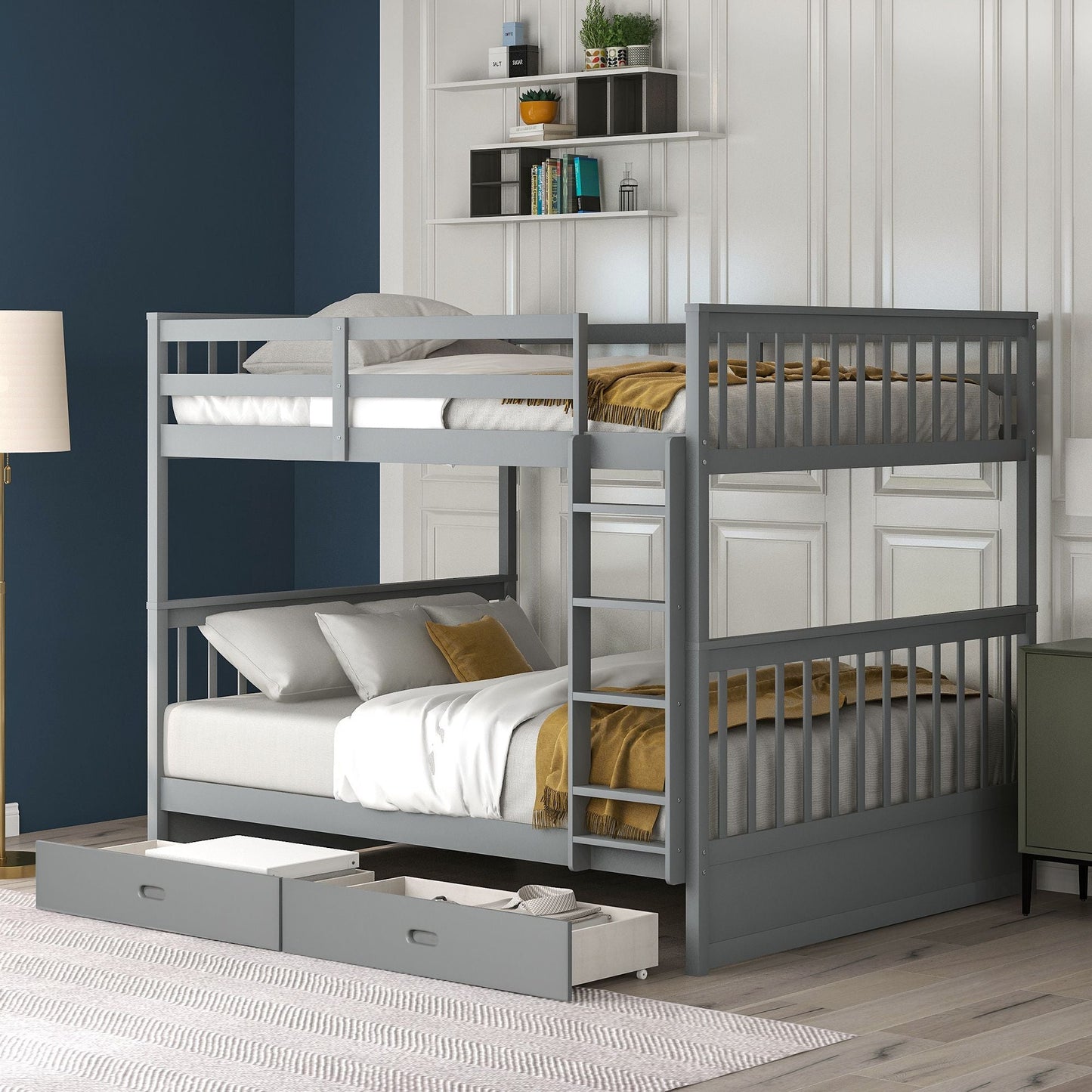 Storage-Enhanced Full Over Full Wood Bunk Bed with Ladders, Two Drawers, White | Just Better Bunk Beds