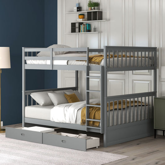 Storage-Enhanced Full Over Full Wood Bunk Bed with Ladders, Two Drawers, White | Just Better Bunk Beds