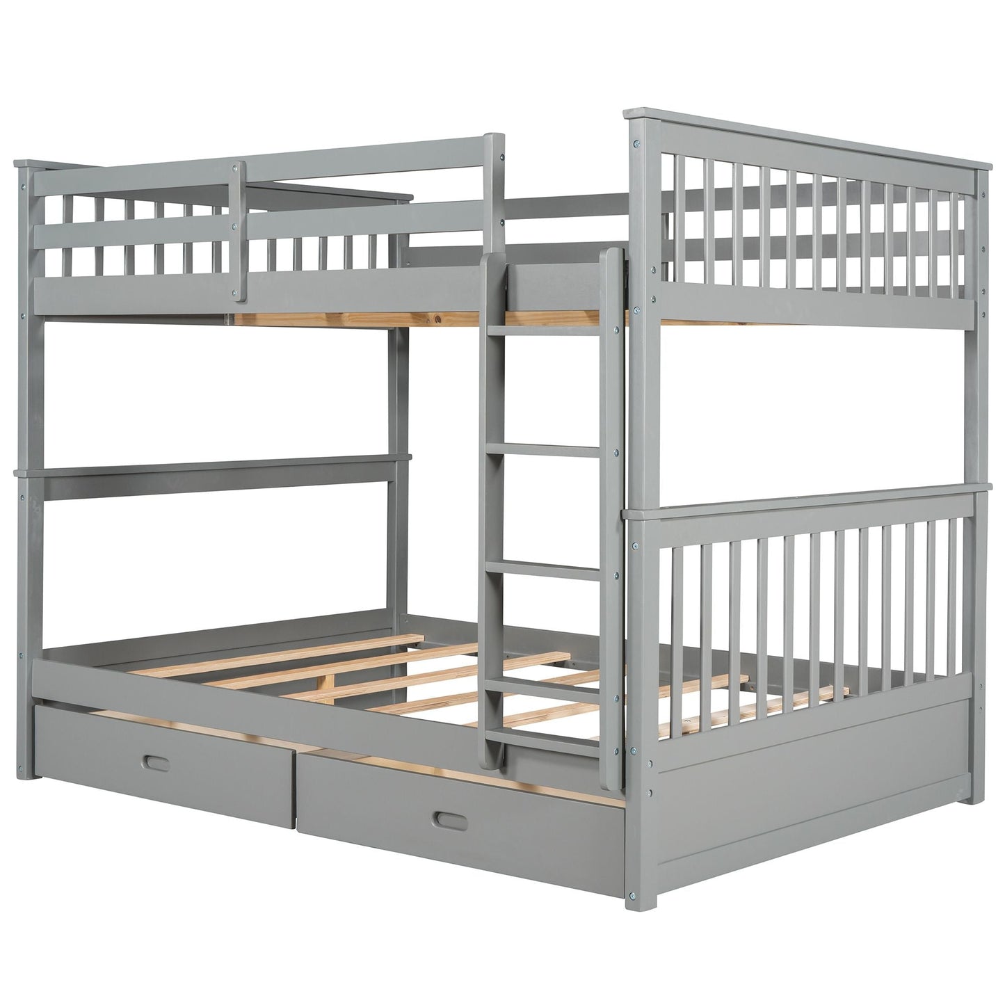 Storage-Enhanced Full Over Full Wood Bunk Bed with Ladders, Two Drawers, White | Just Better Bunk Beds